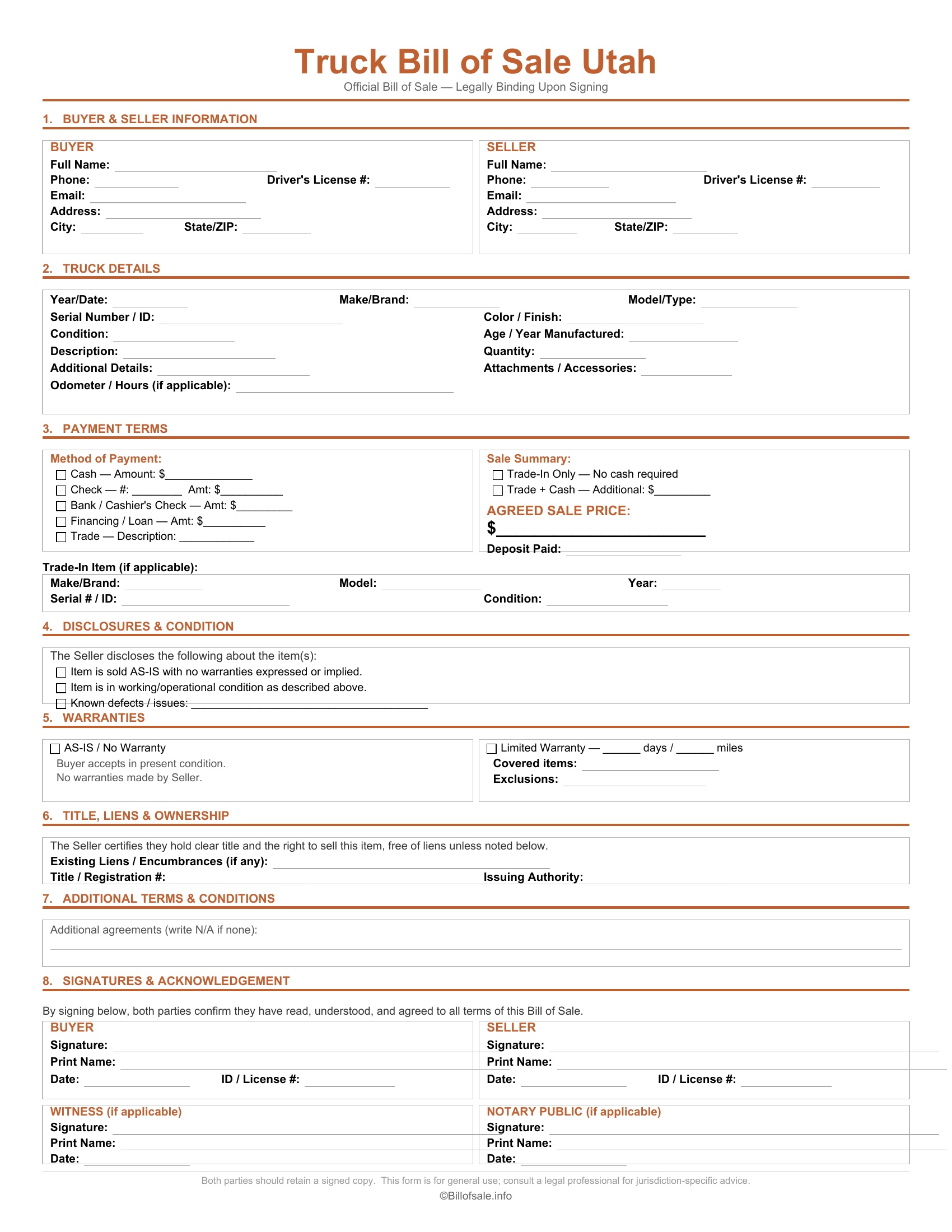 Utah Truck Bill of Sale
