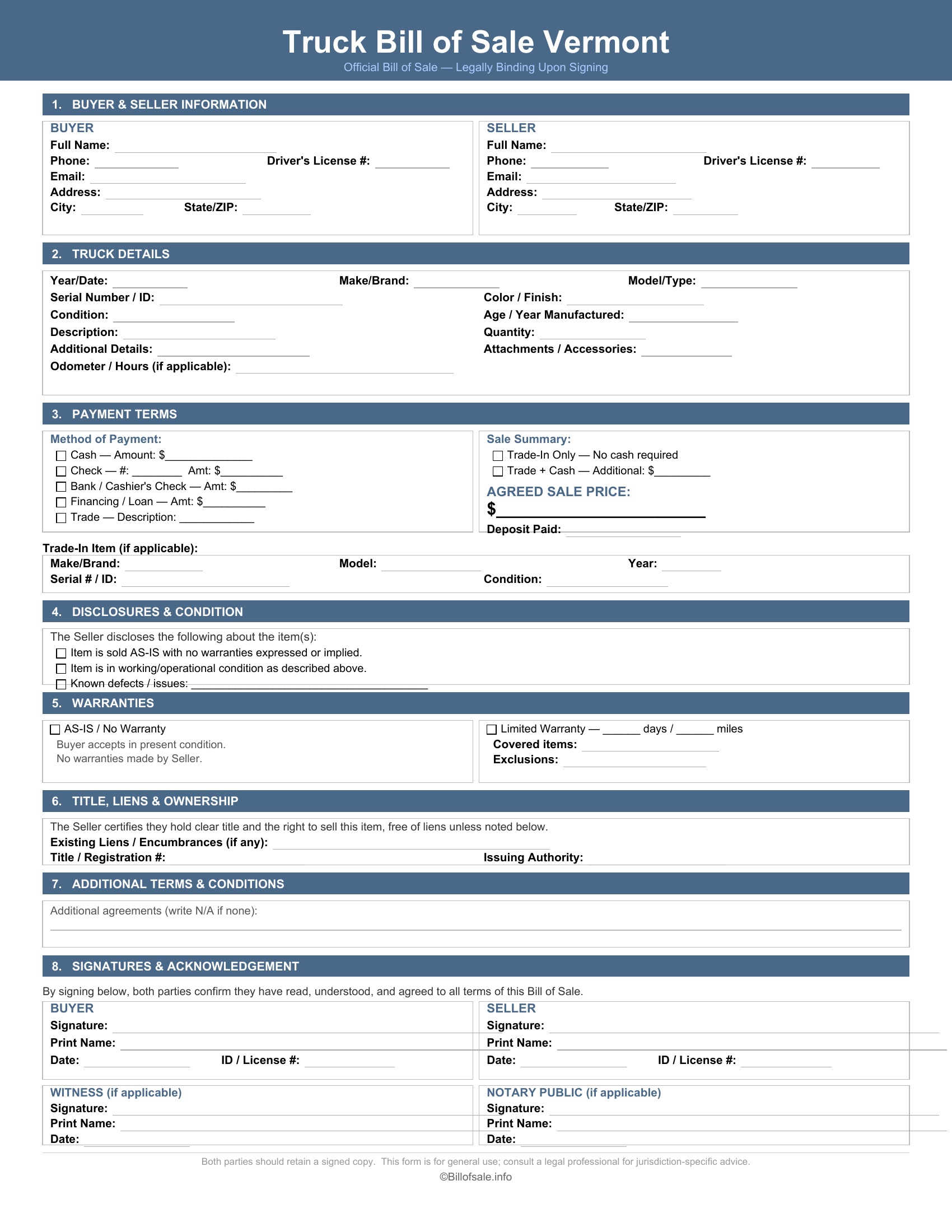 Vermont Truck Bill of Sale