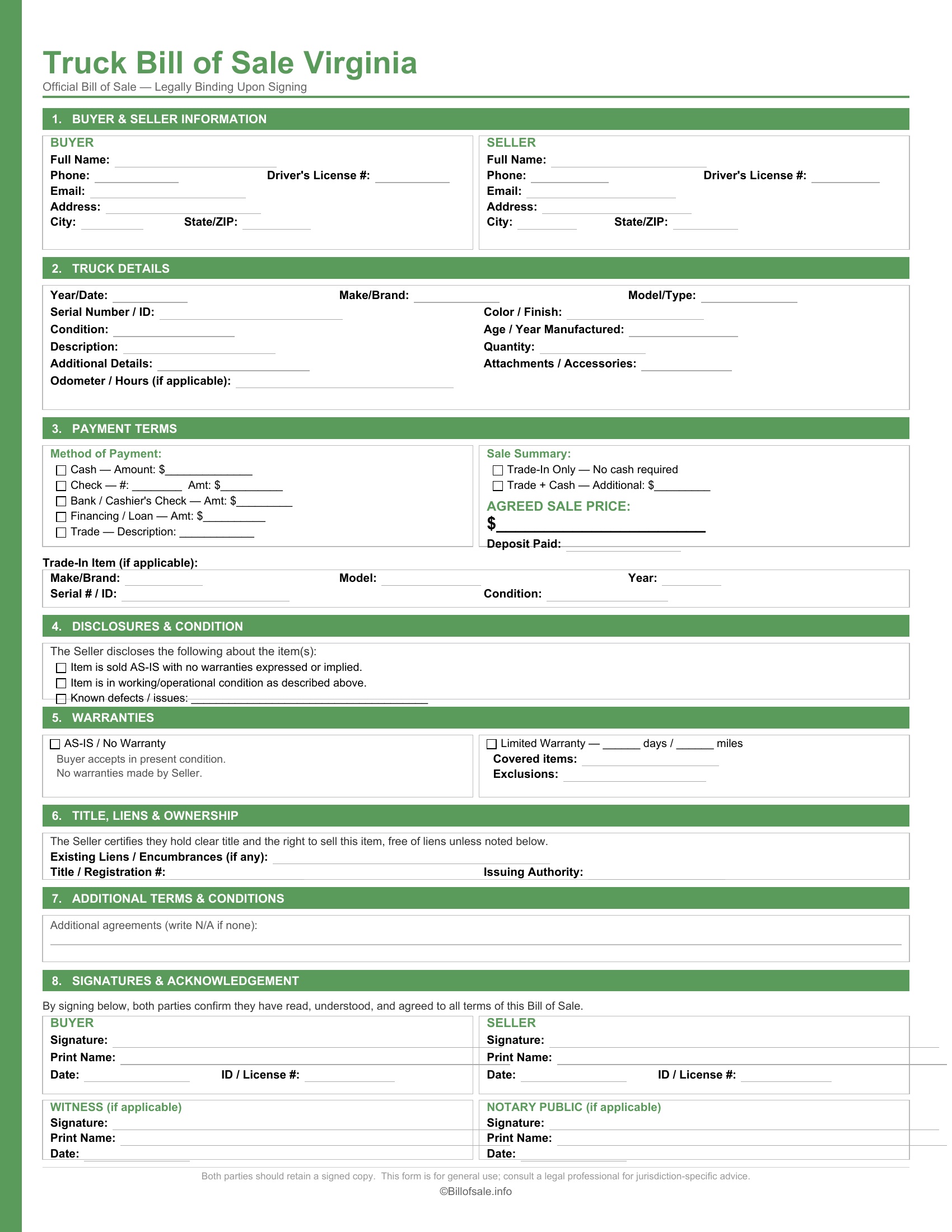 Virginia Truck Bill of Sale