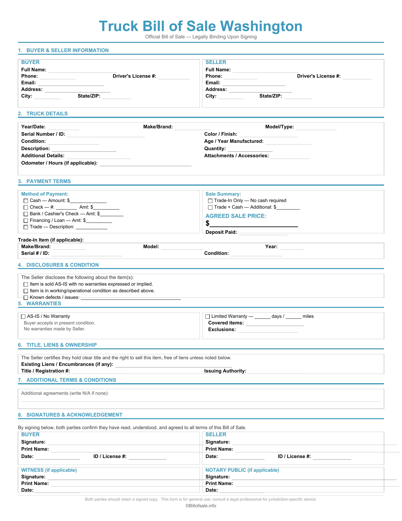Washington Truck Bill of Sale