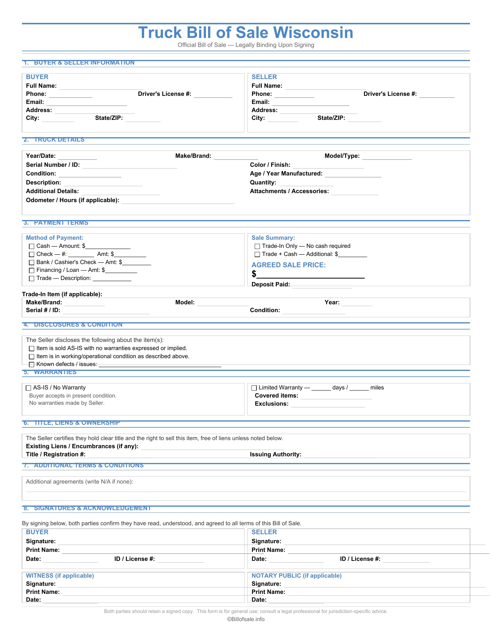 Wisconsin Truck Bill of Sale