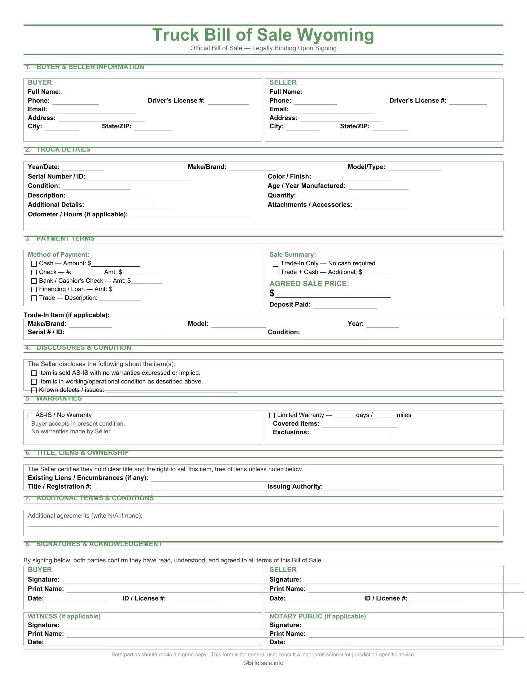 Wyoming Truck Bill of Sale