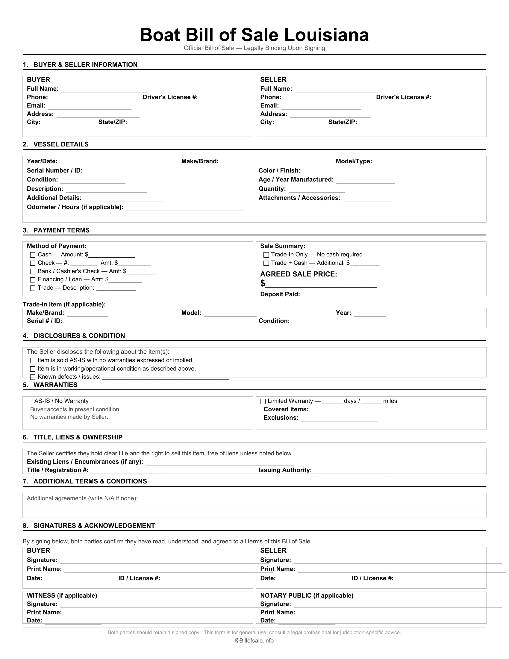 Louisiana Boat Bill of Sale