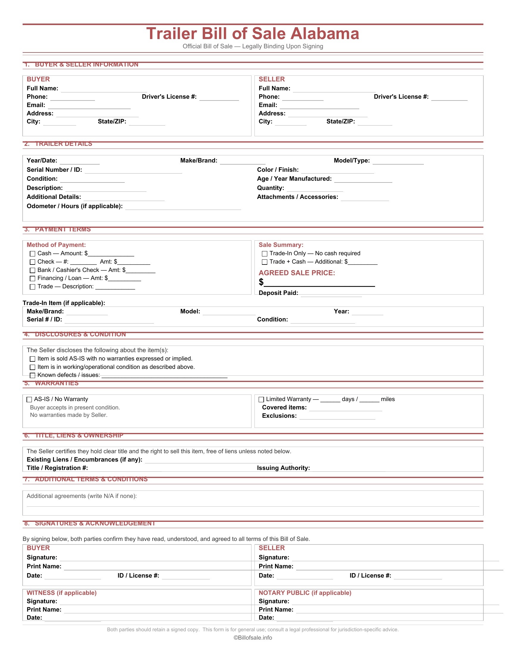Alabama Trailer Bill of Sale