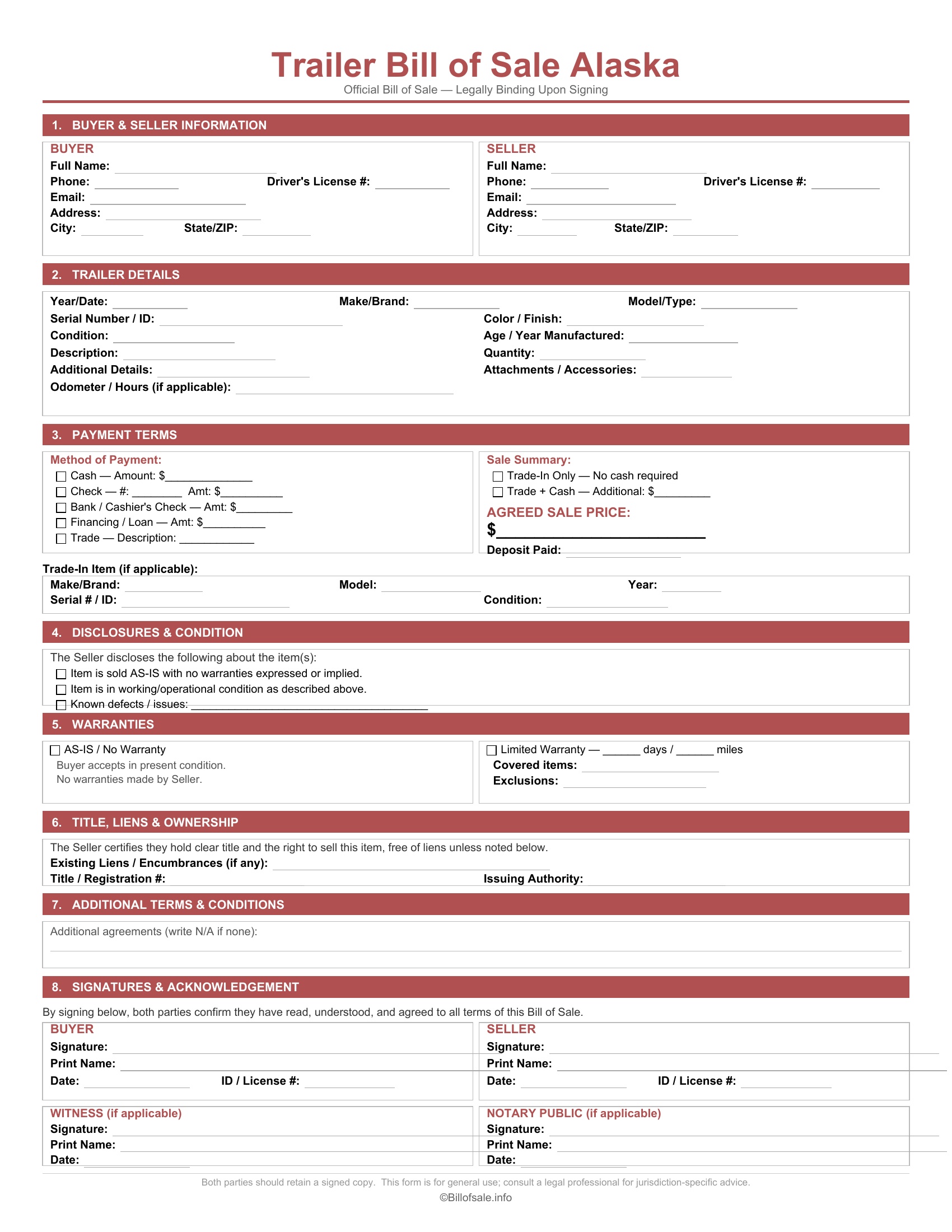 Alaska Trailer Bill of Sale