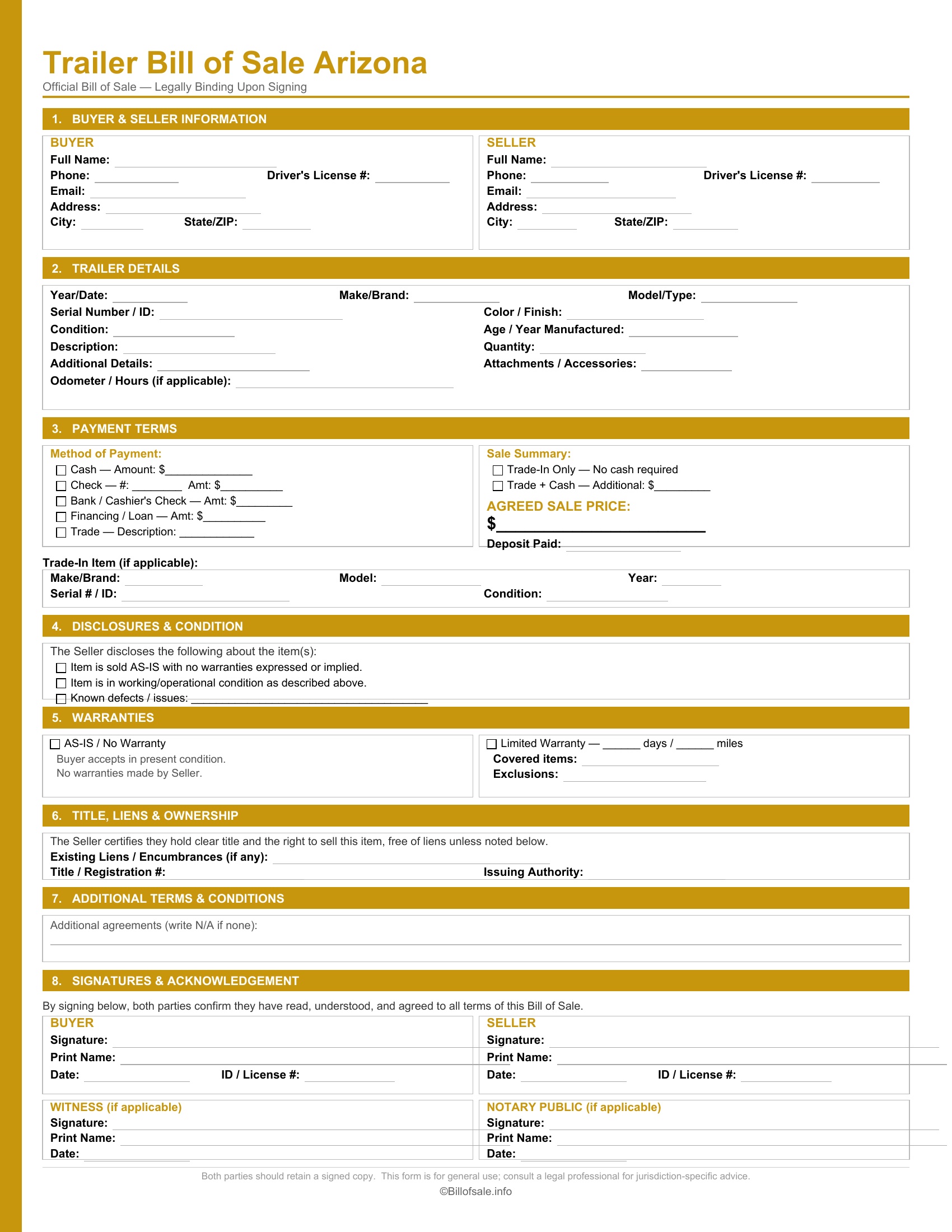 Arizona Trailer Bill of Sale