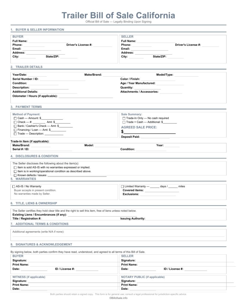 California Trailer Bill of Sale Form Template [PDF, WORD]