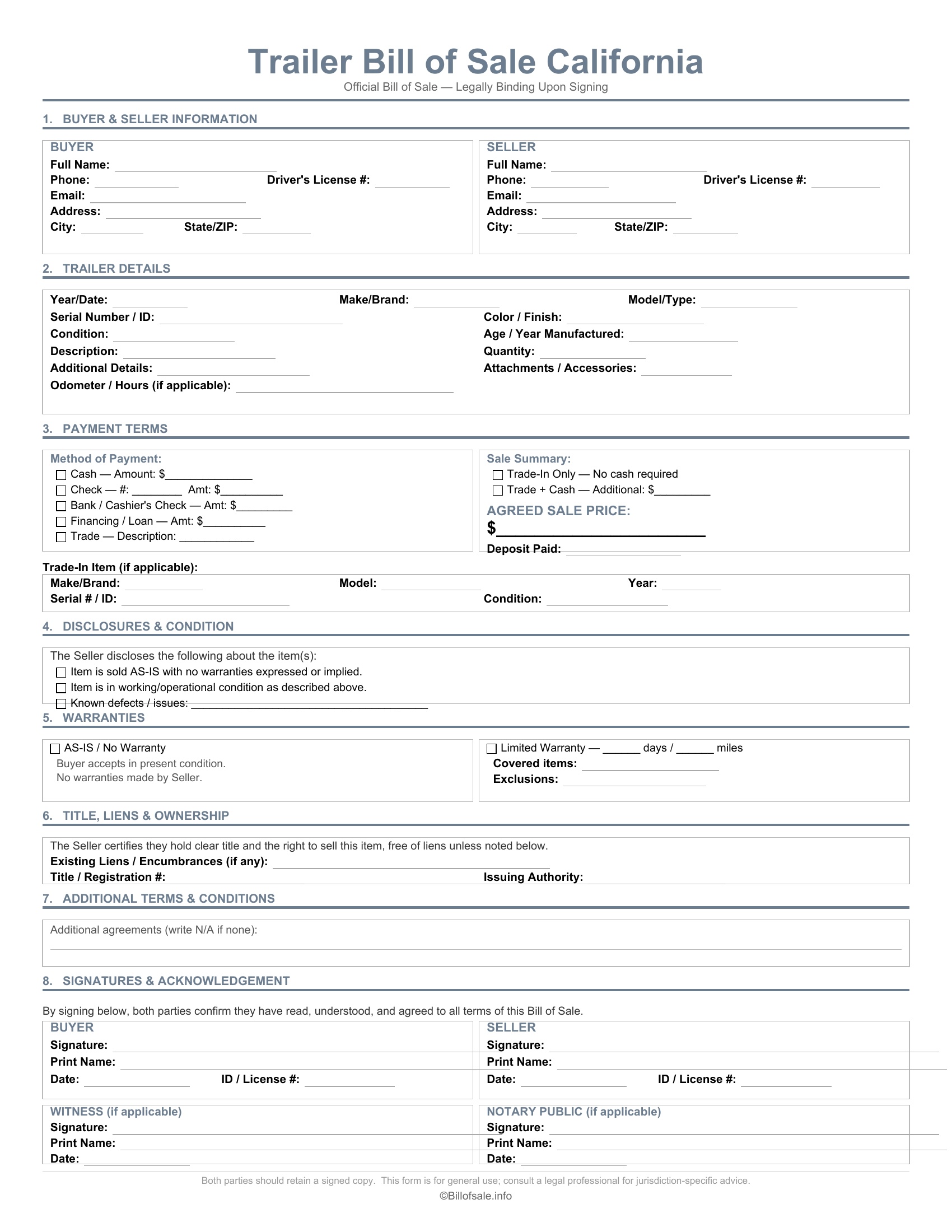 California Trailer Bill of Sale