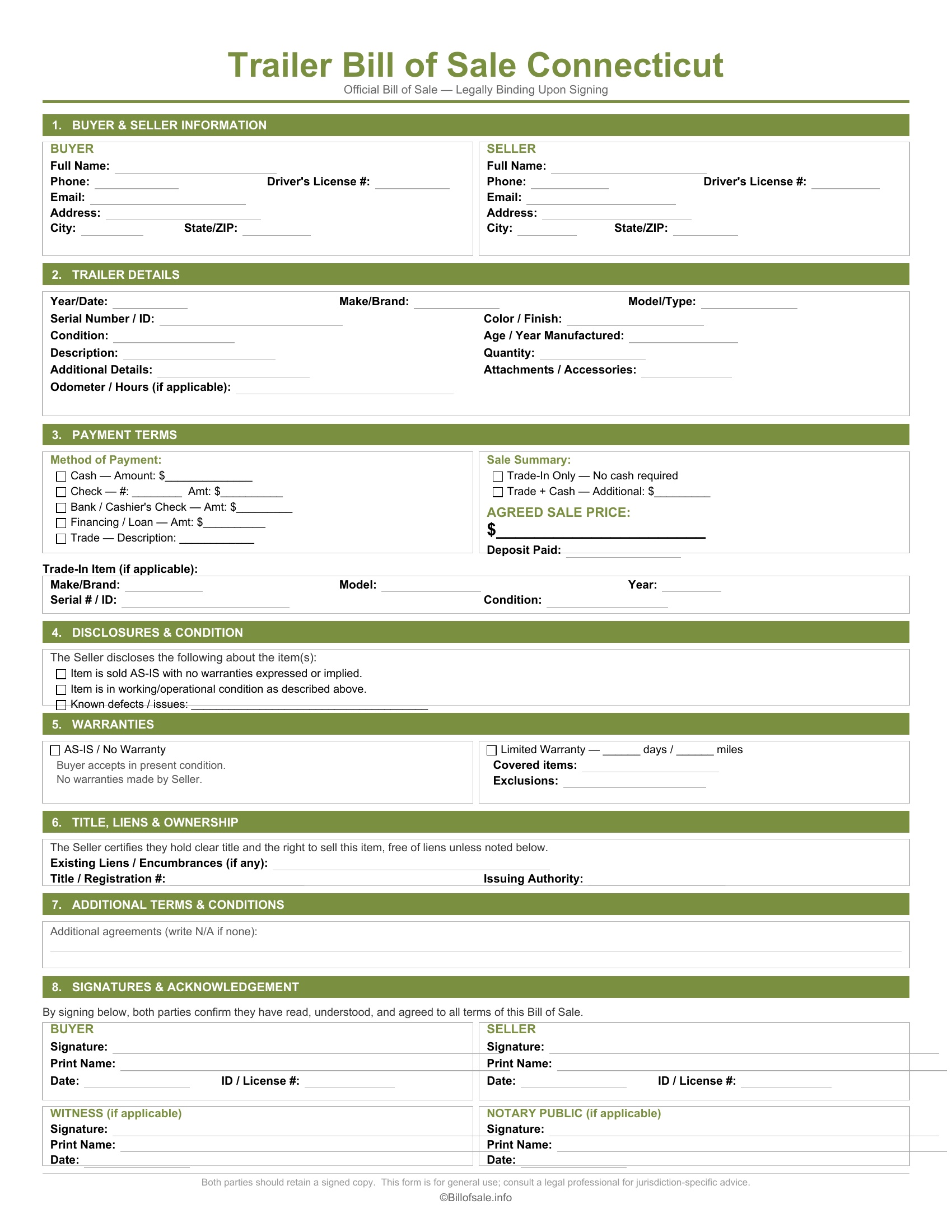 Connecticut Trailer Bill of Sale