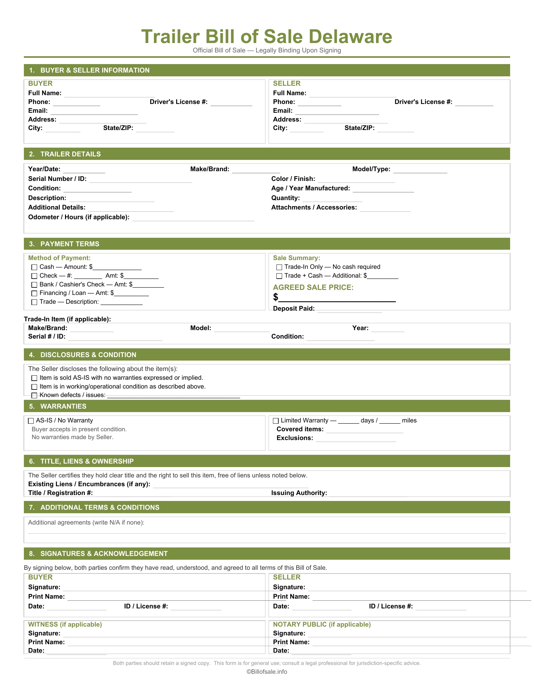Delaware Trailer Bill of Sale