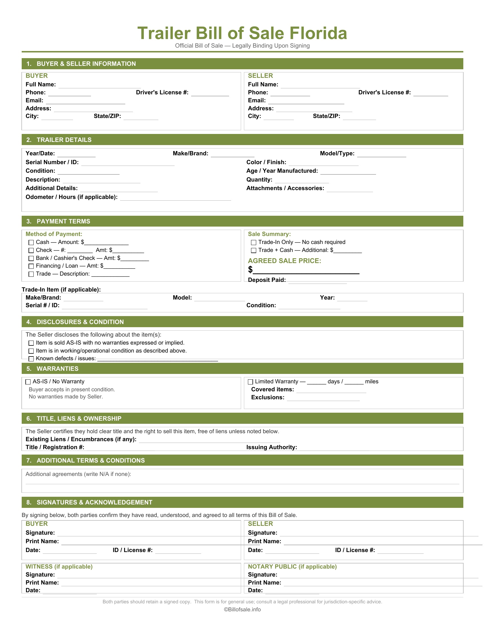 Florida Trailer Bill of Sale