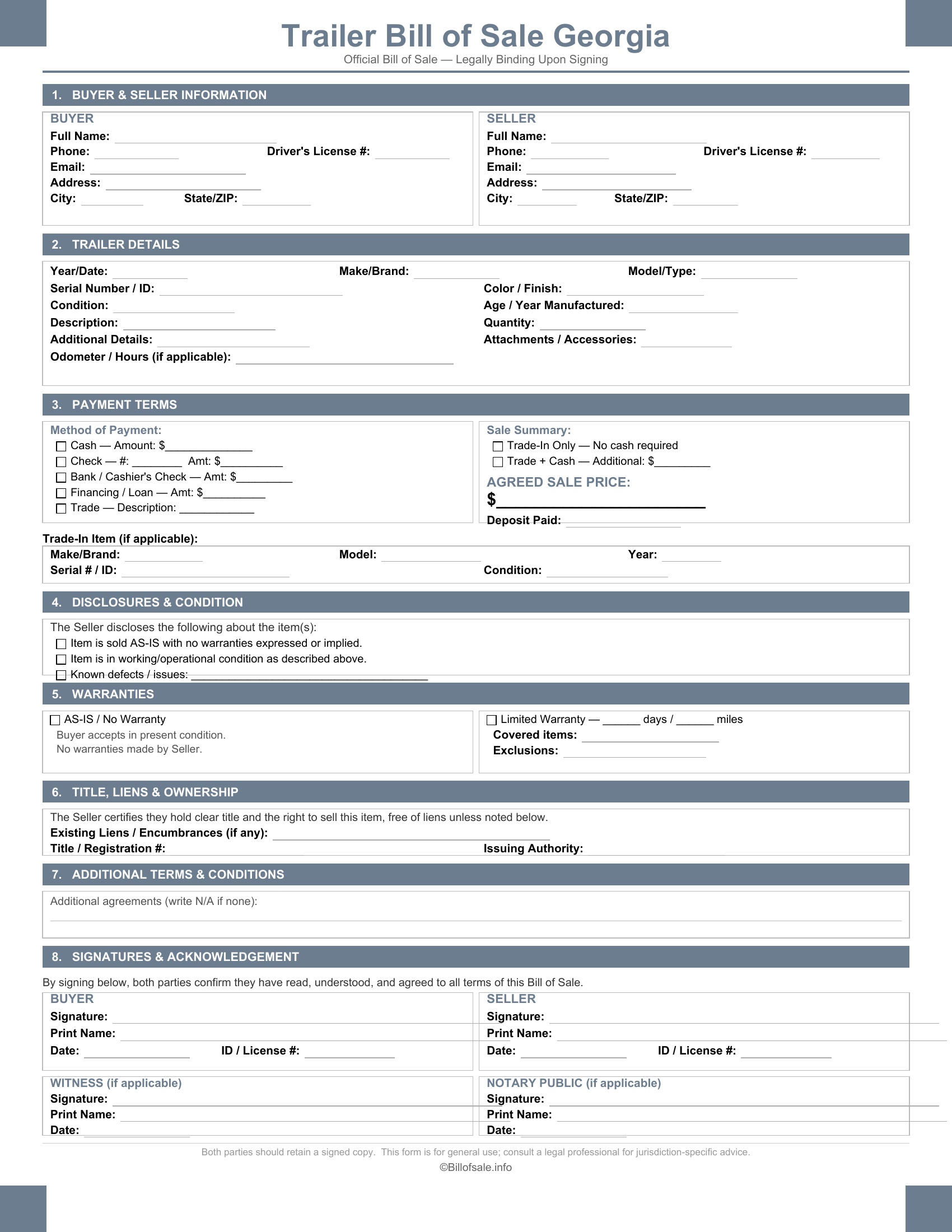 Georgia Trailer Bill of Sale