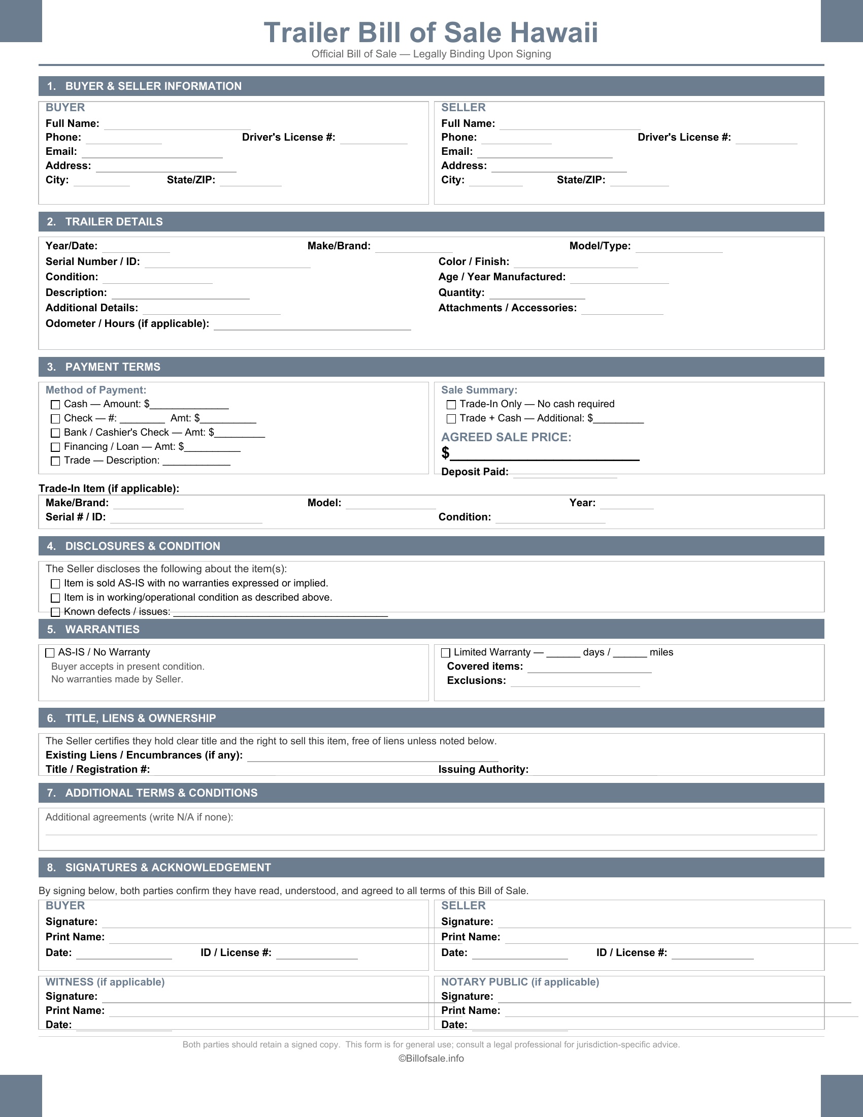 Hawaii Trailer Bill of Sale