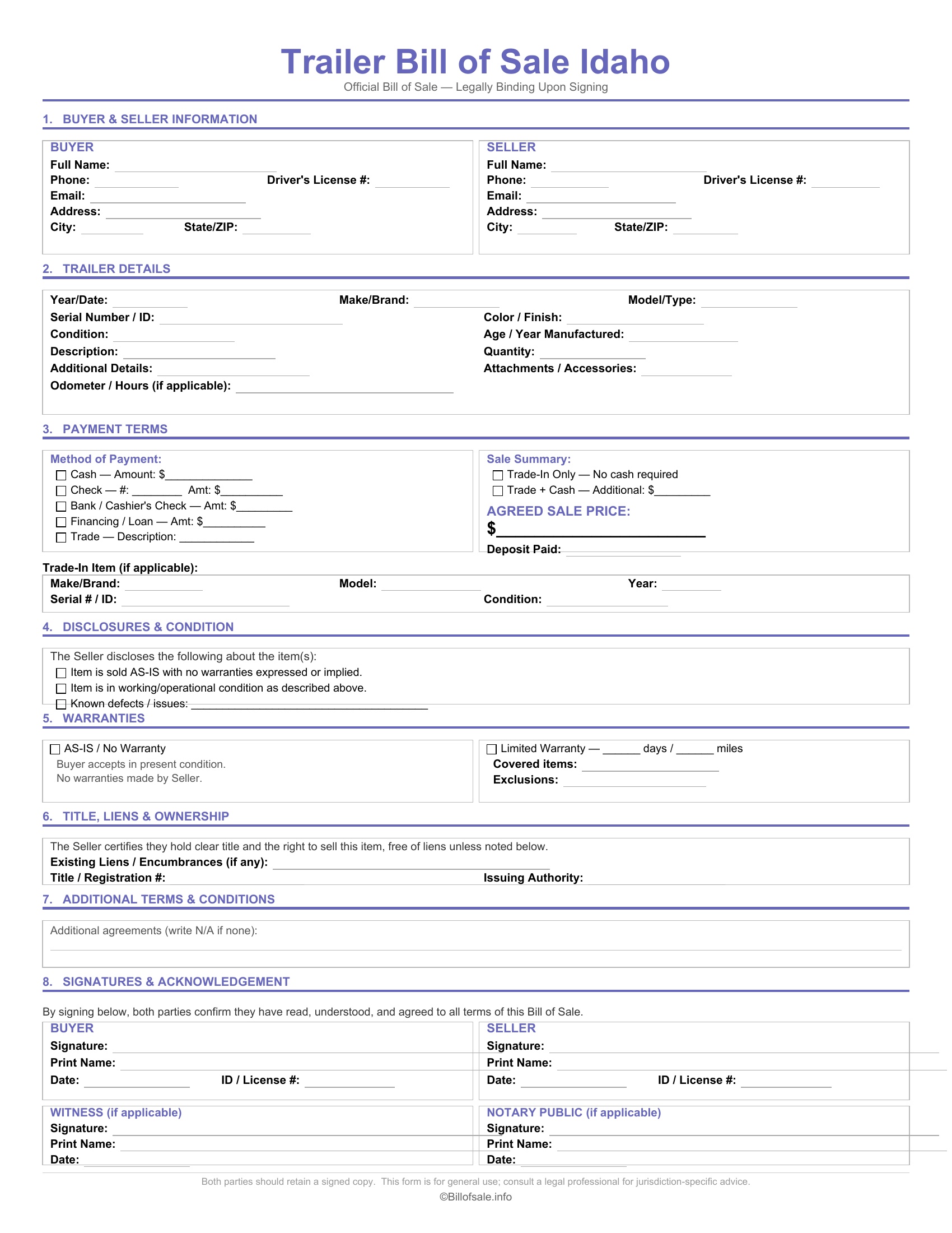 Idaho Trailer Bill of Sale