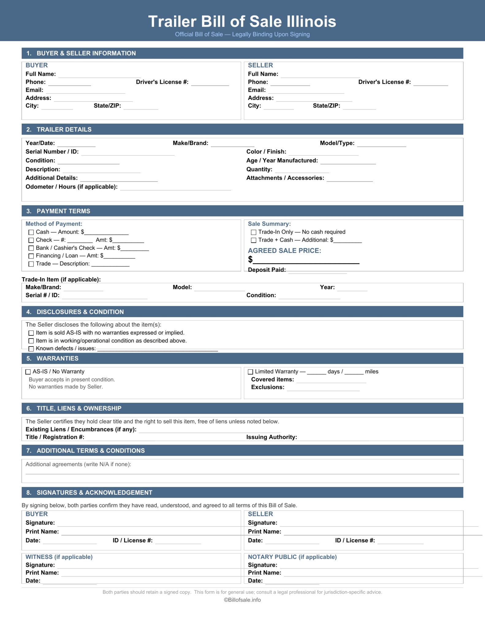 Illinois Trailer Bill of Sale Form Template [PDF, WORD]