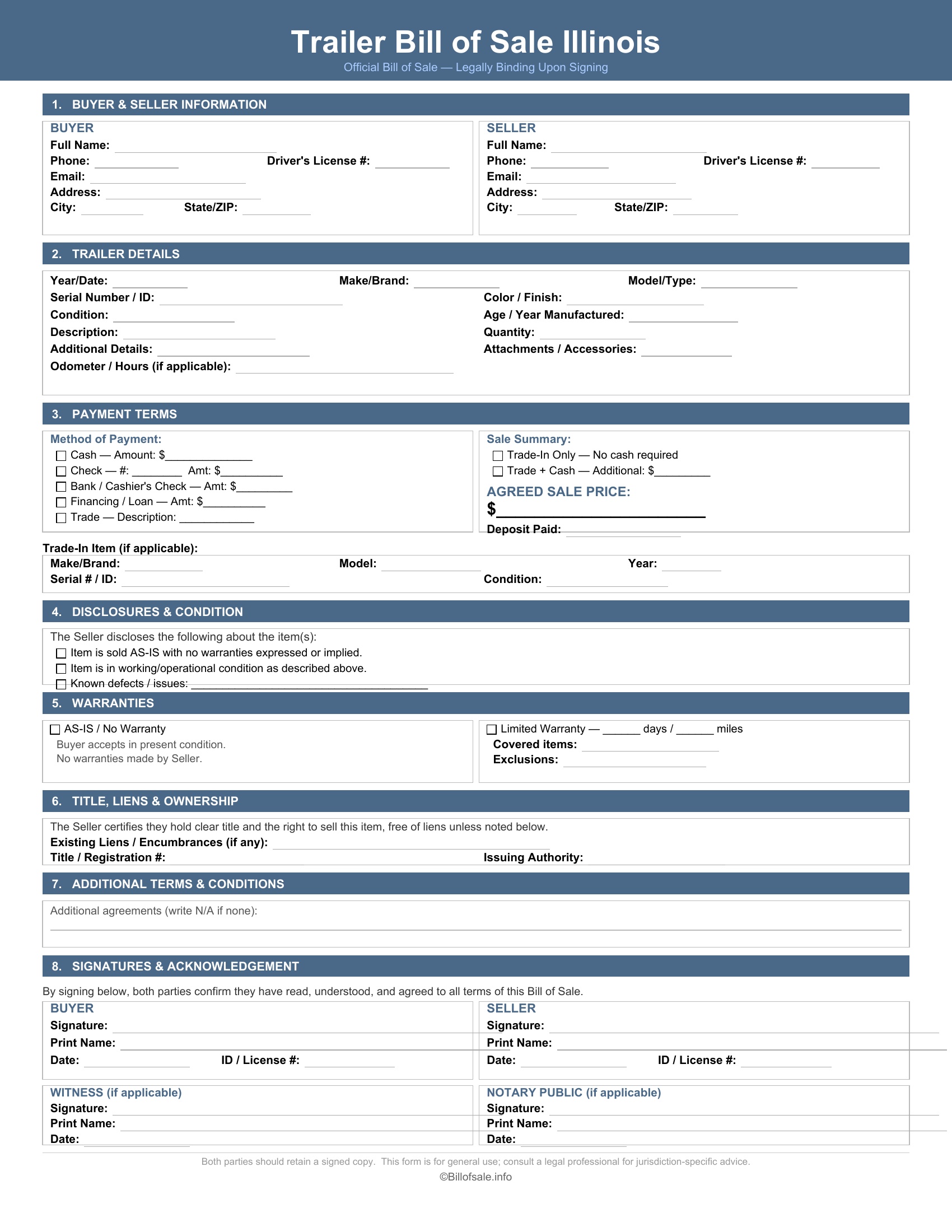 Illinois Trailer Bill of Sale