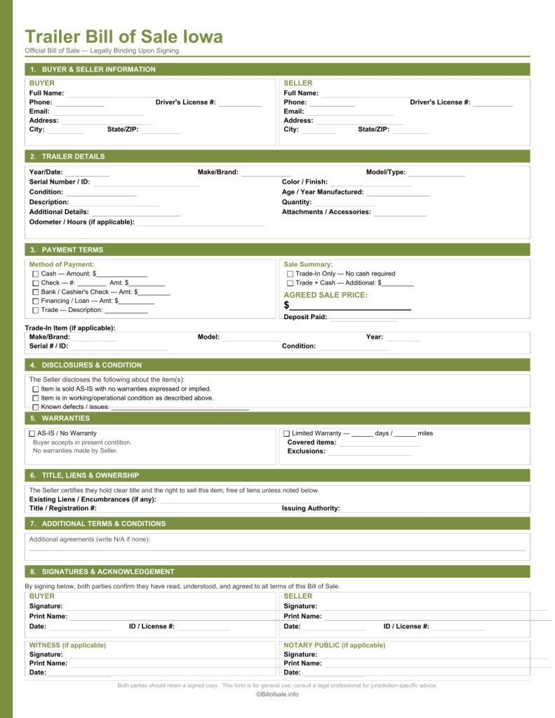 Iowa Trailer Bill of Sale Form Template [PDF, WORD]