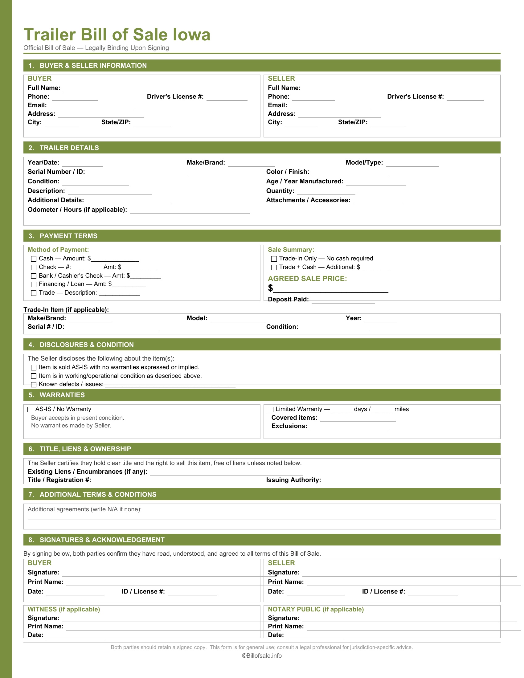 Iowa Trailer Bill of Sale