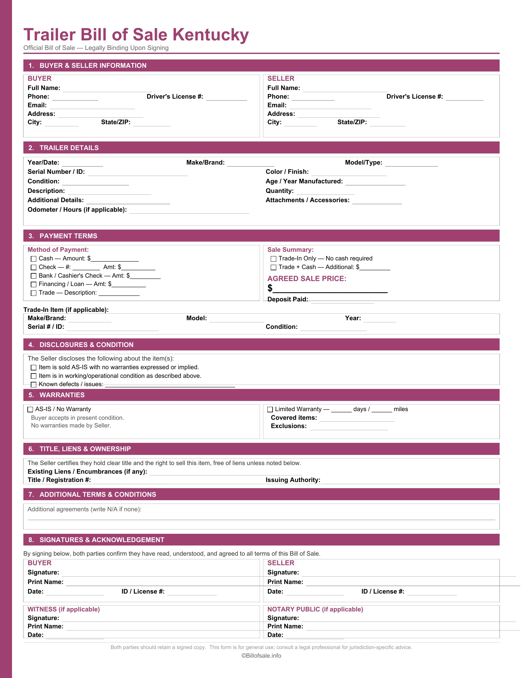 Kentucky Trailer Bill of Sale