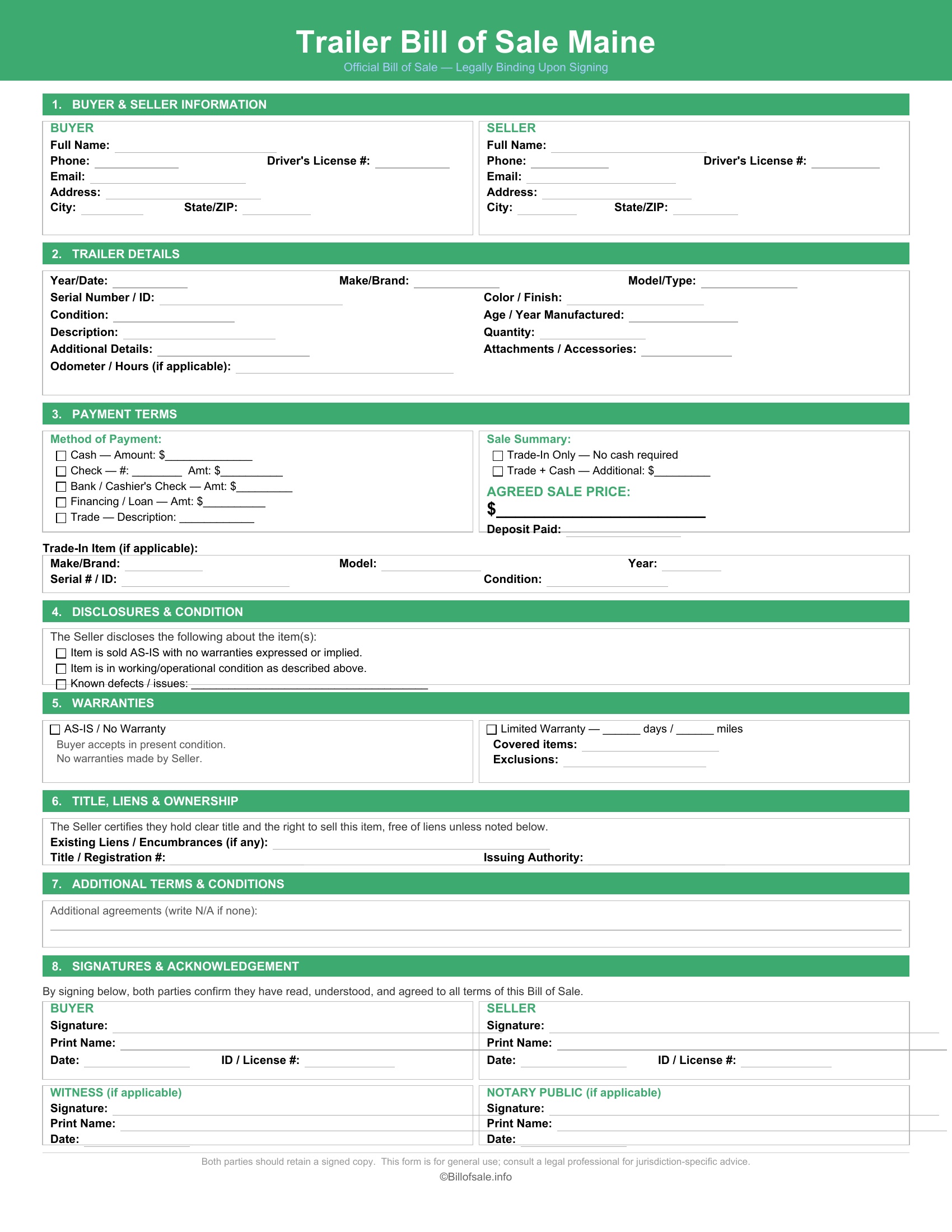 Maine Trailer Bill of Sale
