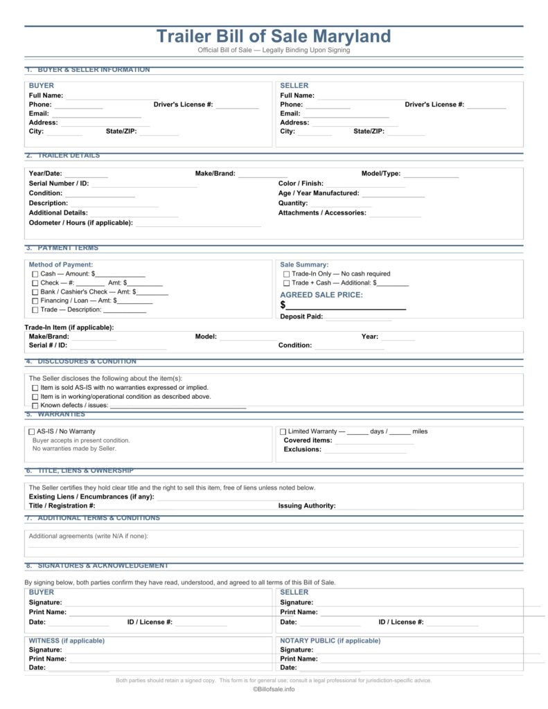 Maryland Trailer Bill of Sale Form Template [PDF, WORD]