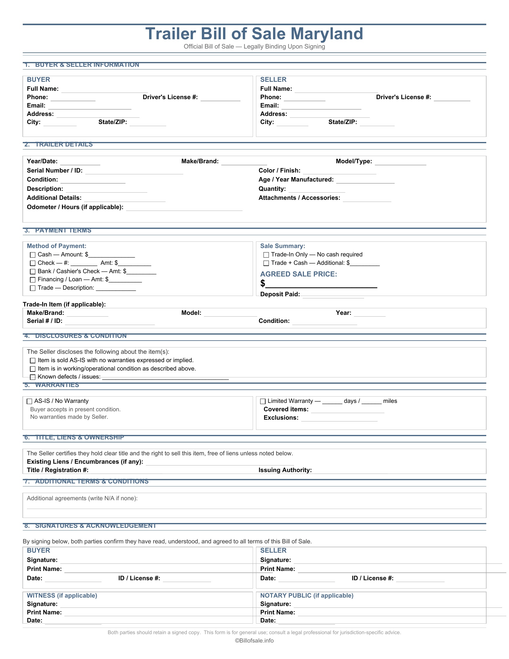 Maryland Trailer Bill of Sale