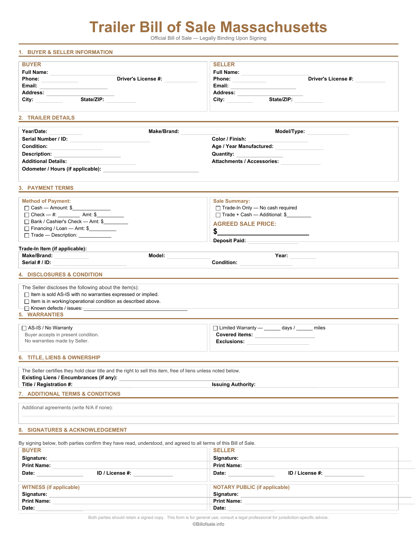 Massachusetts Trailer Bill of Sale