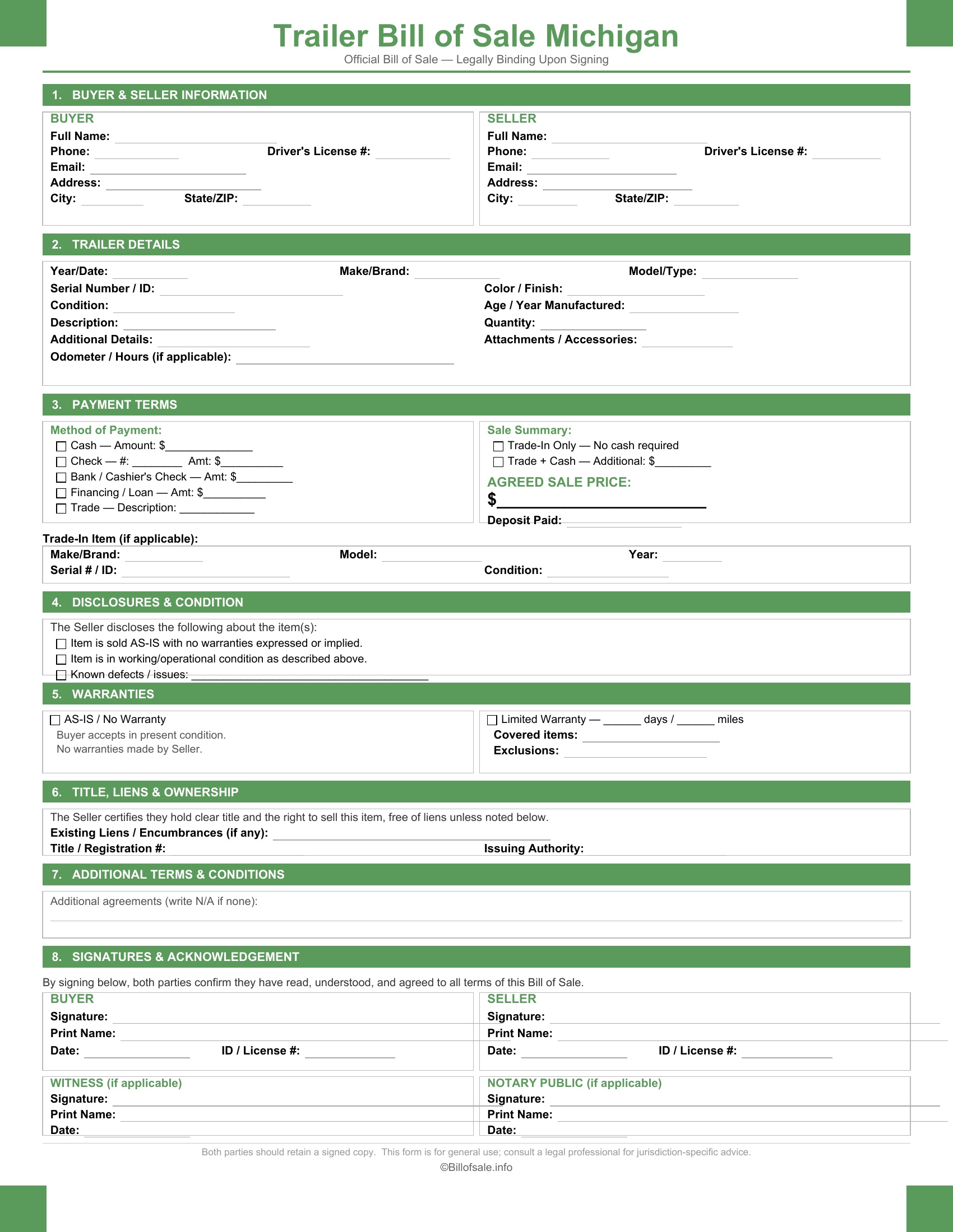 Michigan Trailer Bill of Sale