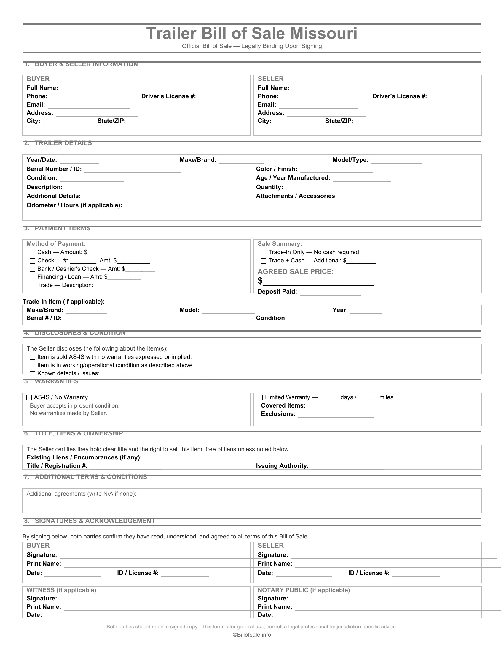 Missouri Trailer Bill of Sale