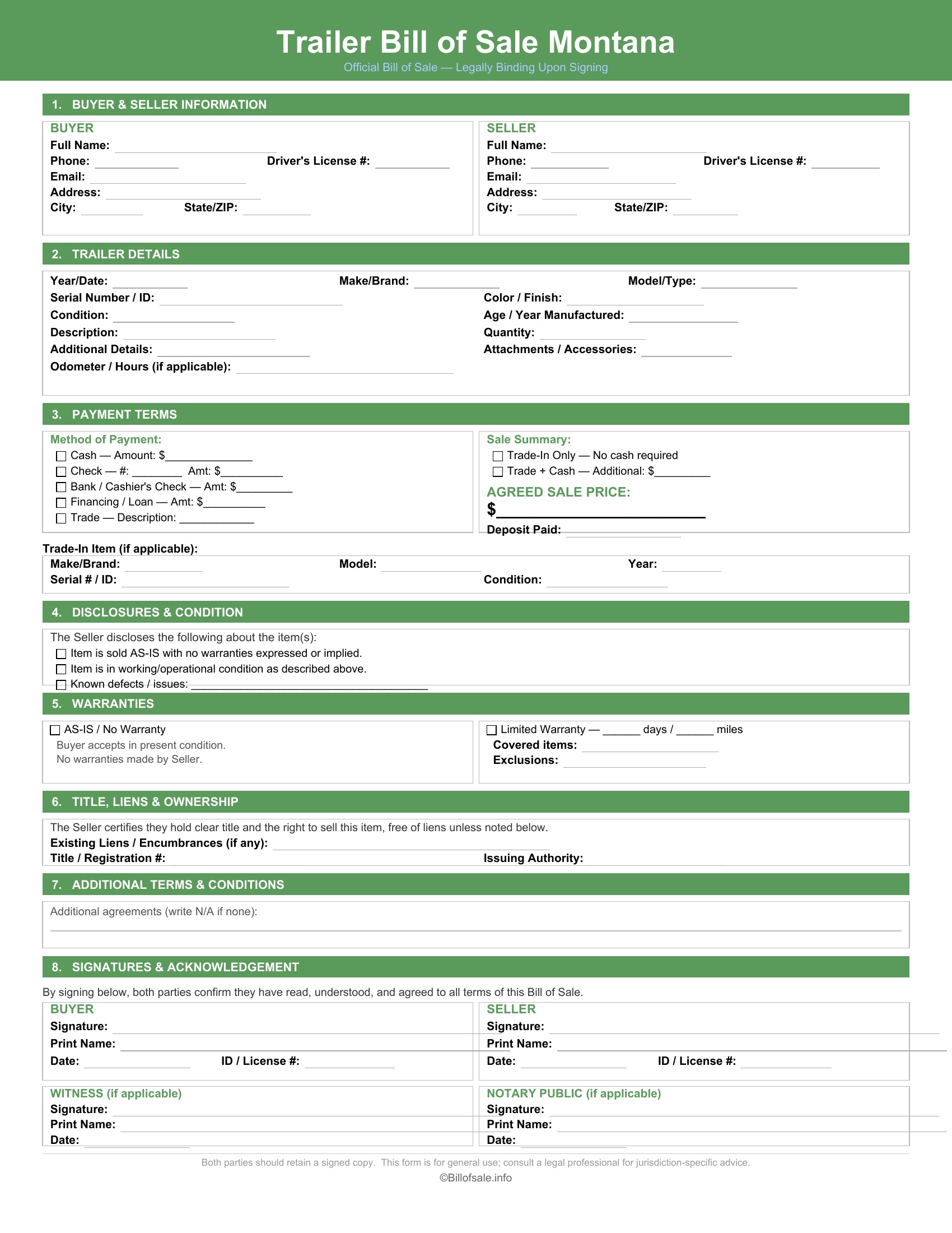 Montana Trailer Bill of Sale