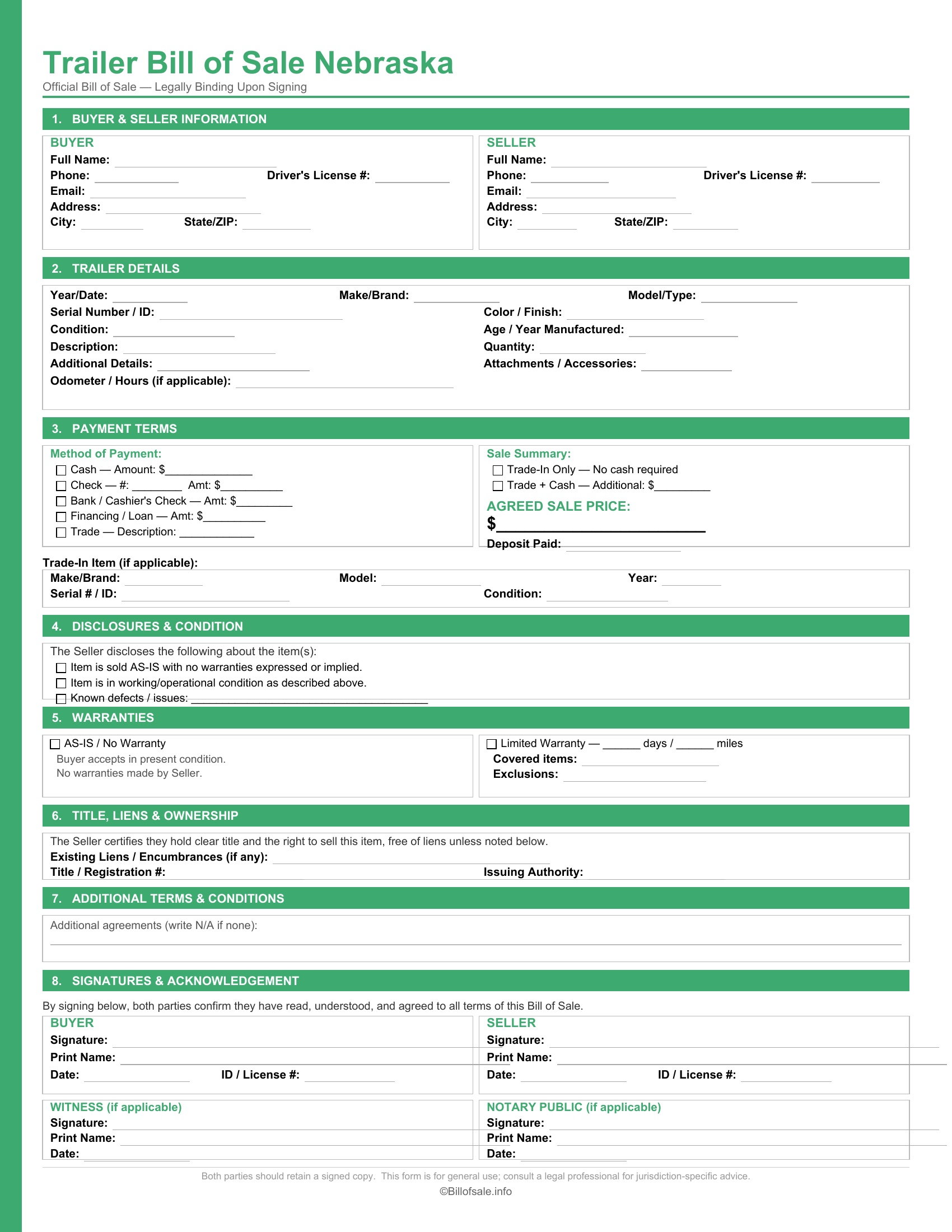Nebraska Trailer Bill of Sale