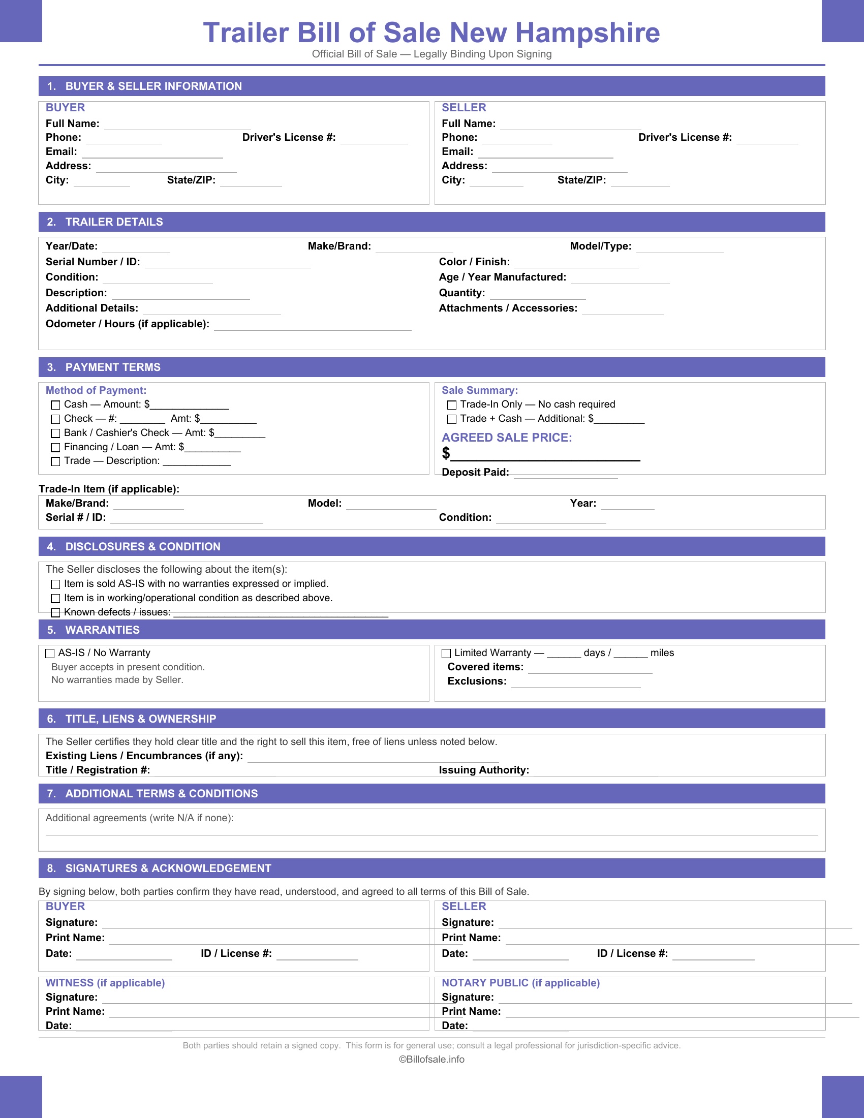 New Hampshire Trailer Bill of Sale
