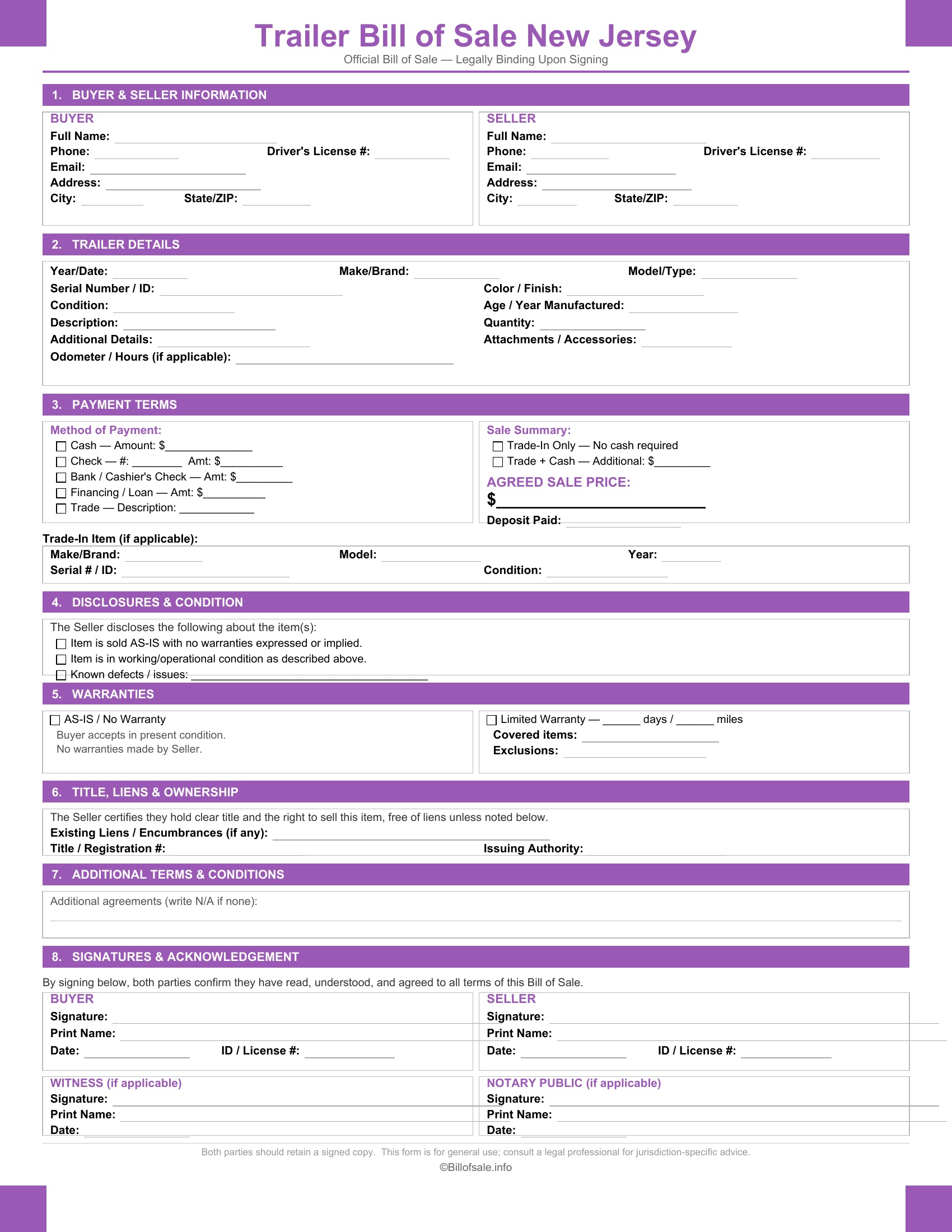 New Jersey Trailer Bill of Sale