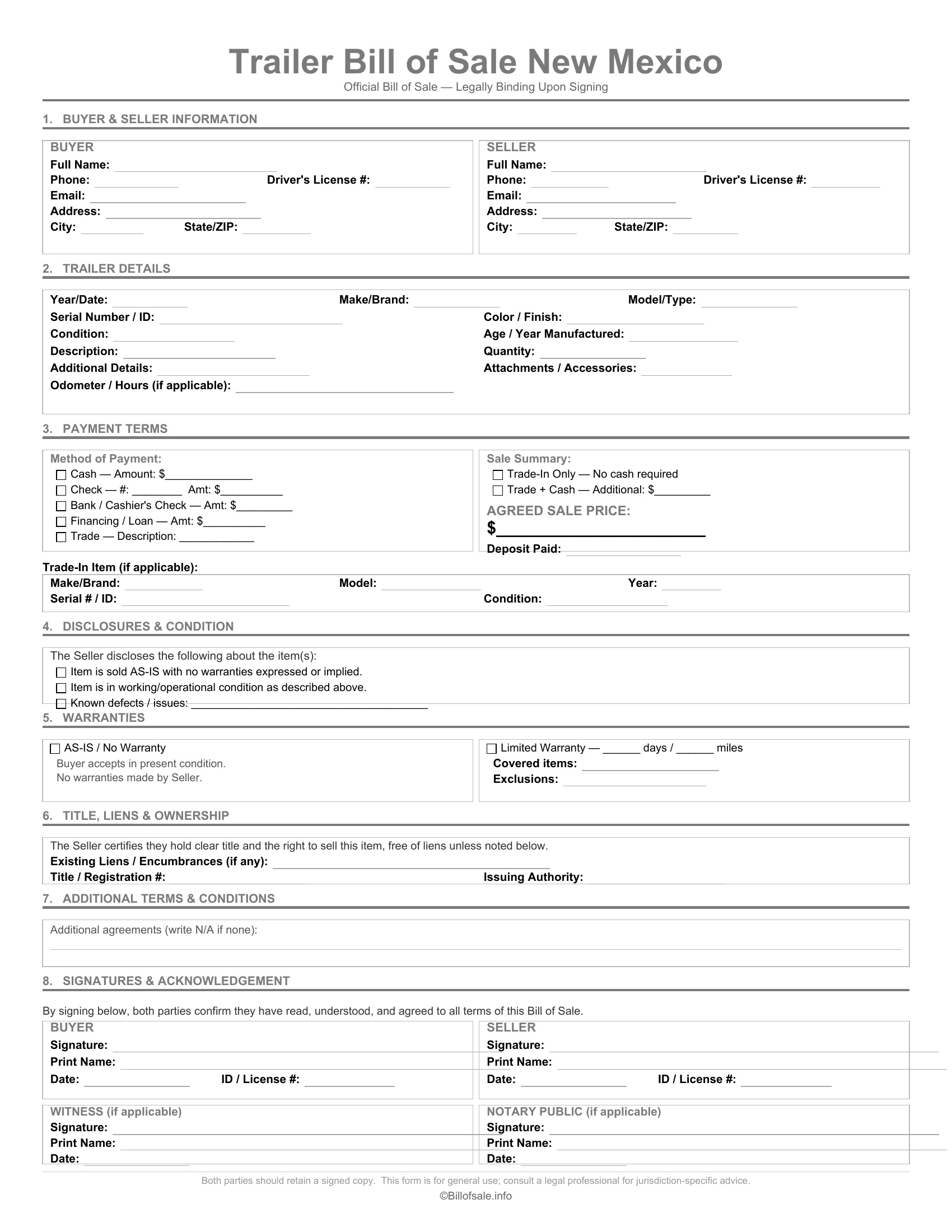New Mexico Trailer Bill of Sale