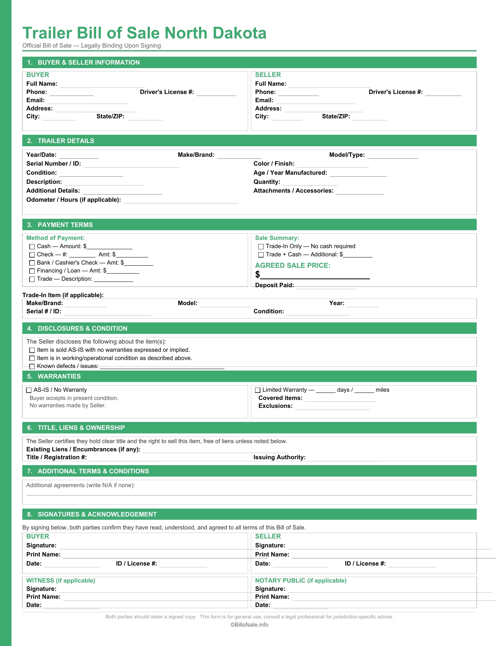 North Dakota Trailer Bill of Sale