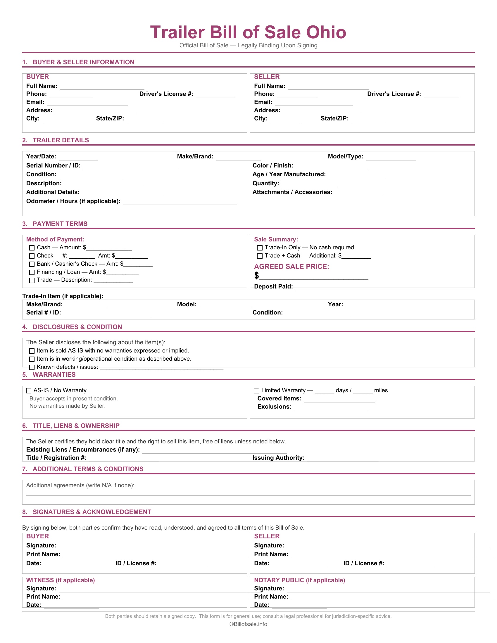 Ohio Trailer Bill of Sale