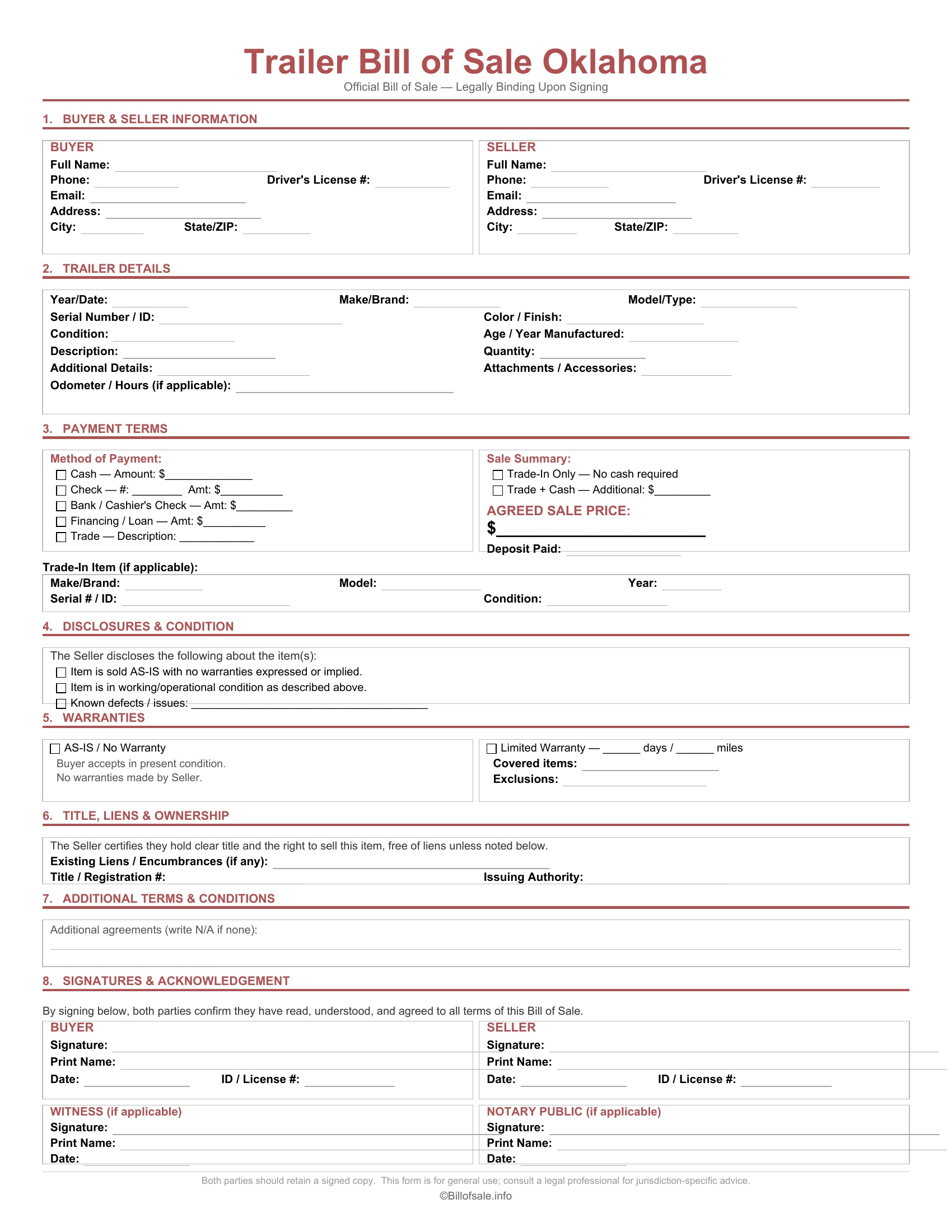 Oklahoma Trailer Bill of Sale