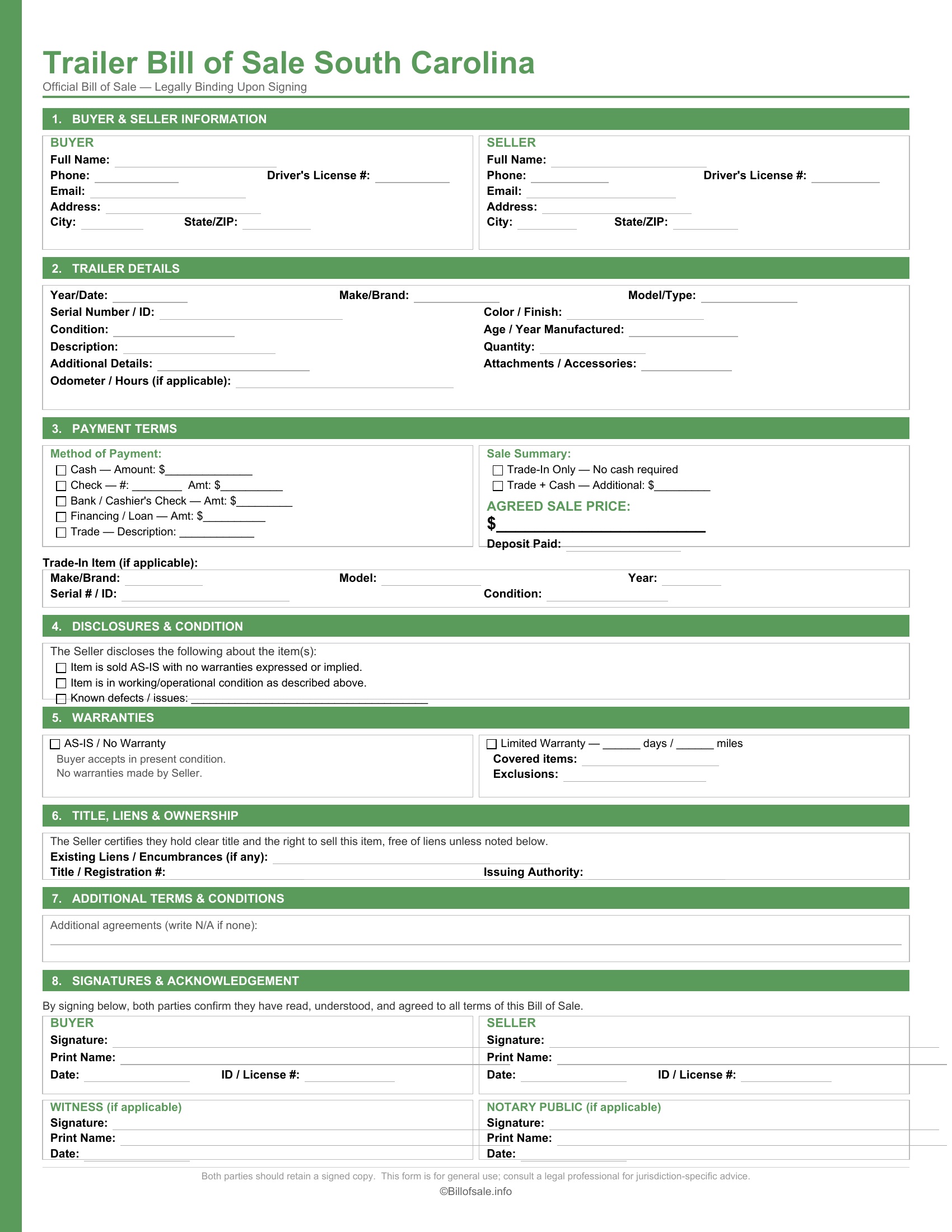 South Carolina Trailer Bill of Sale