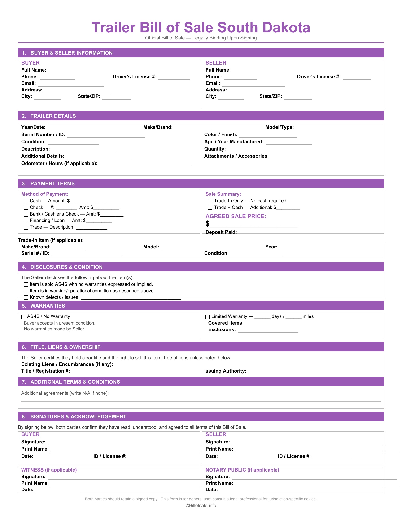 South Dakota Trailer Bill of Sale