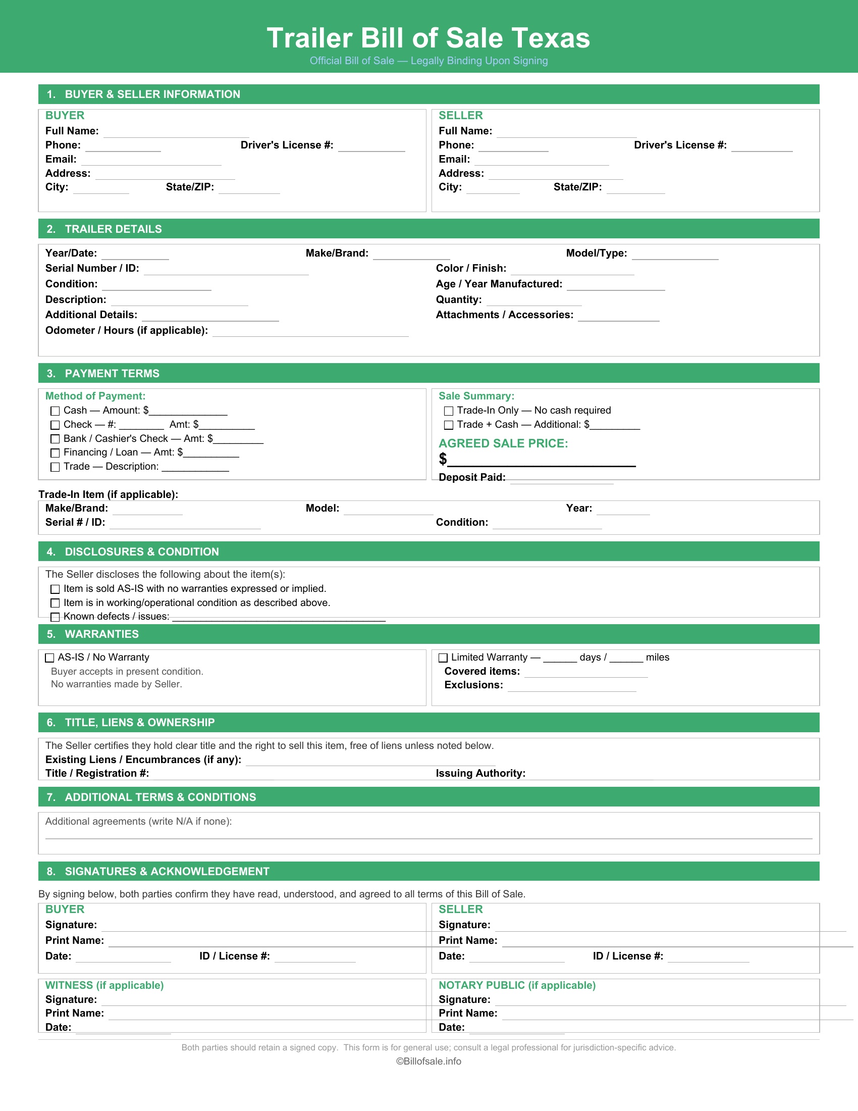 Texas Trailer Bill of Sale