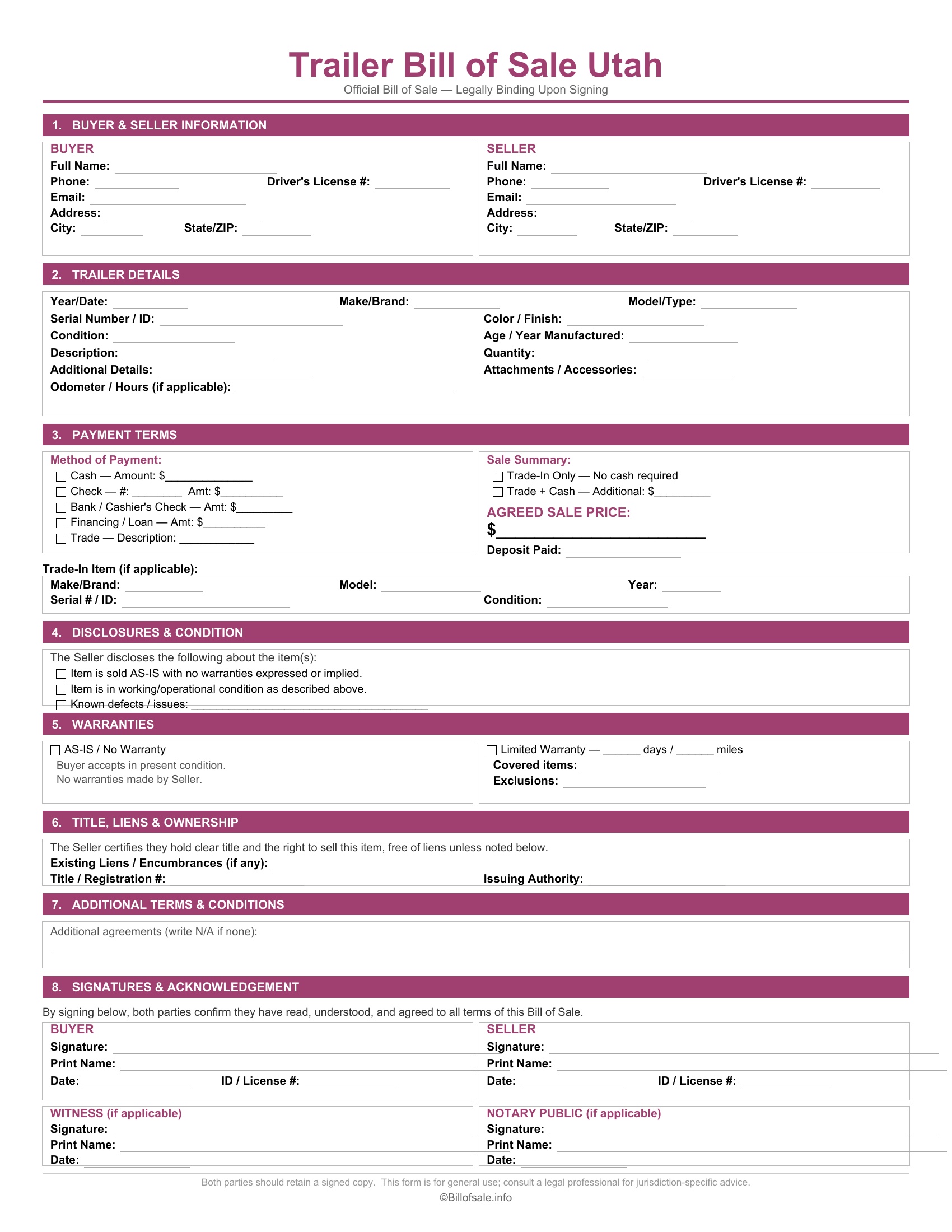 Utah Trailer Bill of Sale