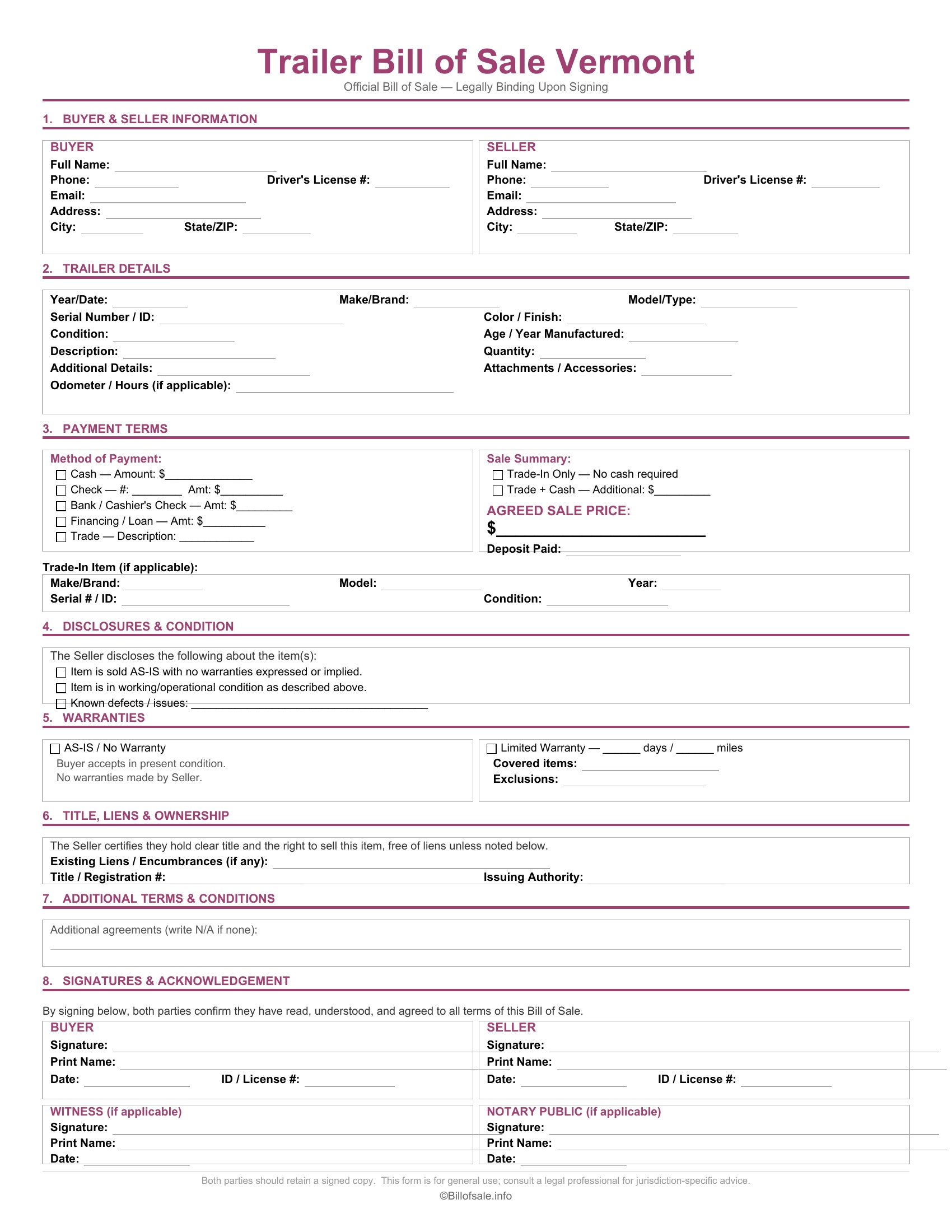 Vermont Trailer Bill of Sale