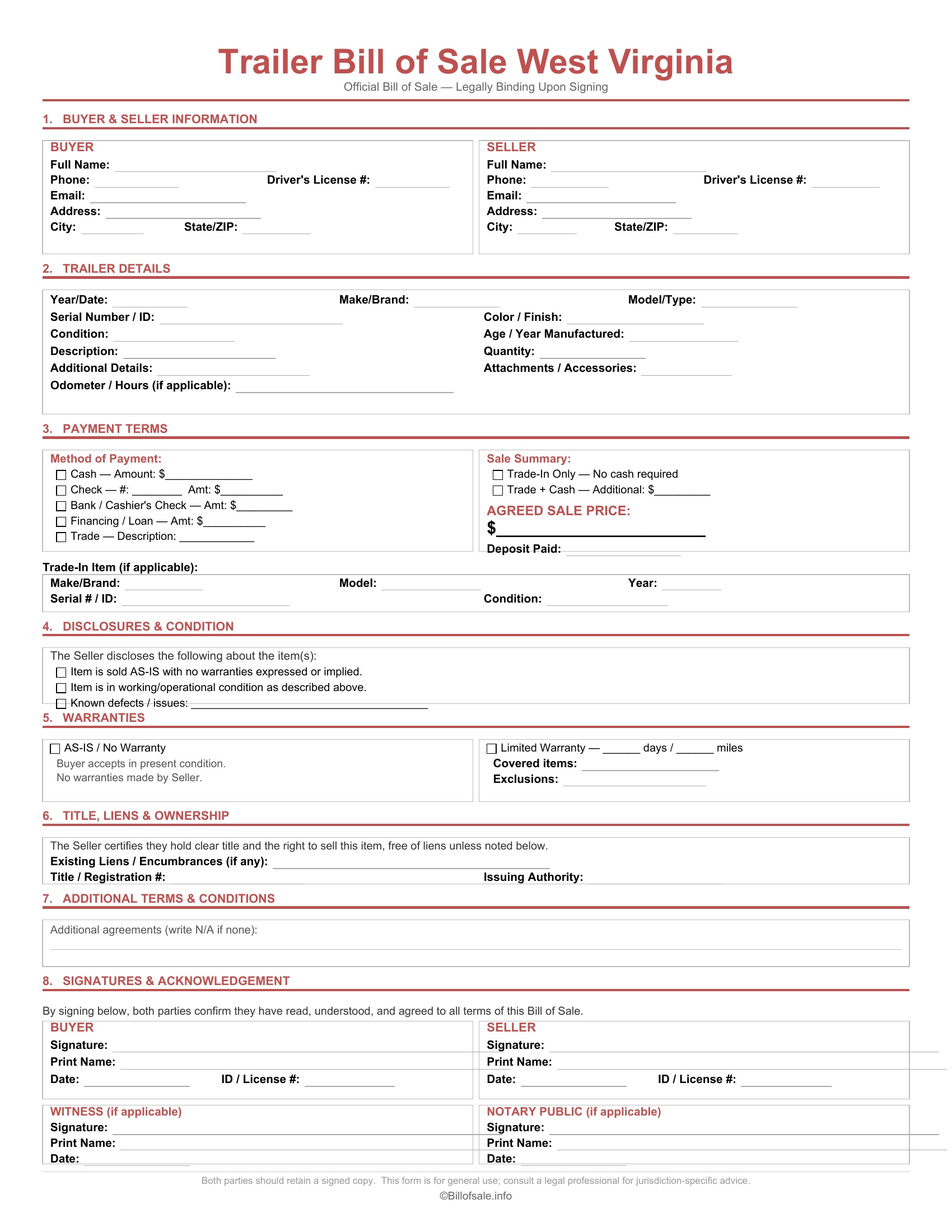 West Virginia Trailer Bill of Sale