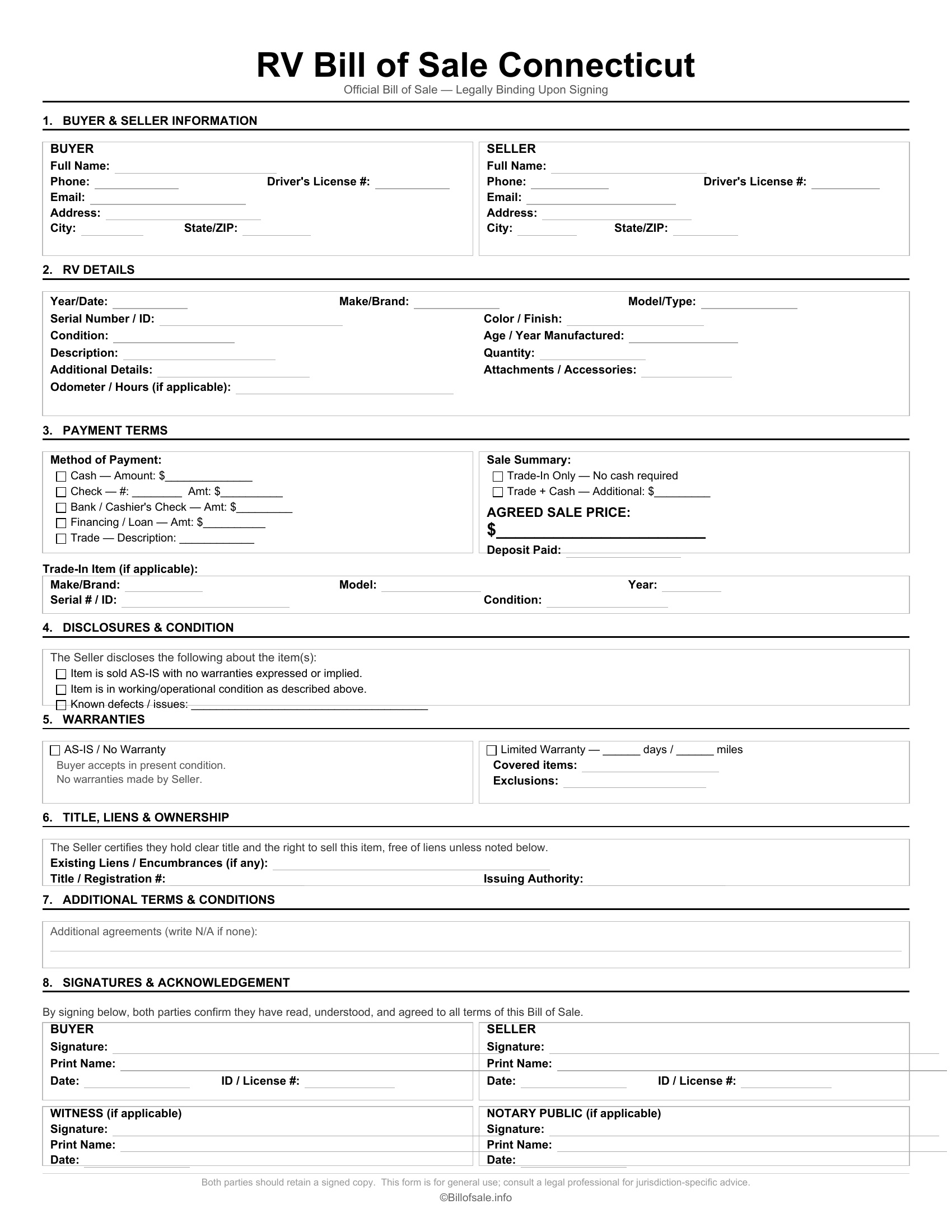 Connecticut RV Bill of Sale