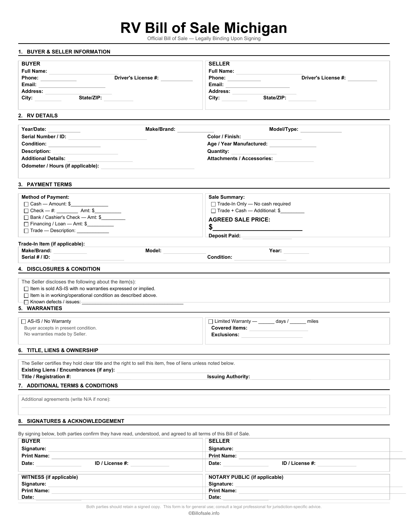 Michigan RV Bill of Sale