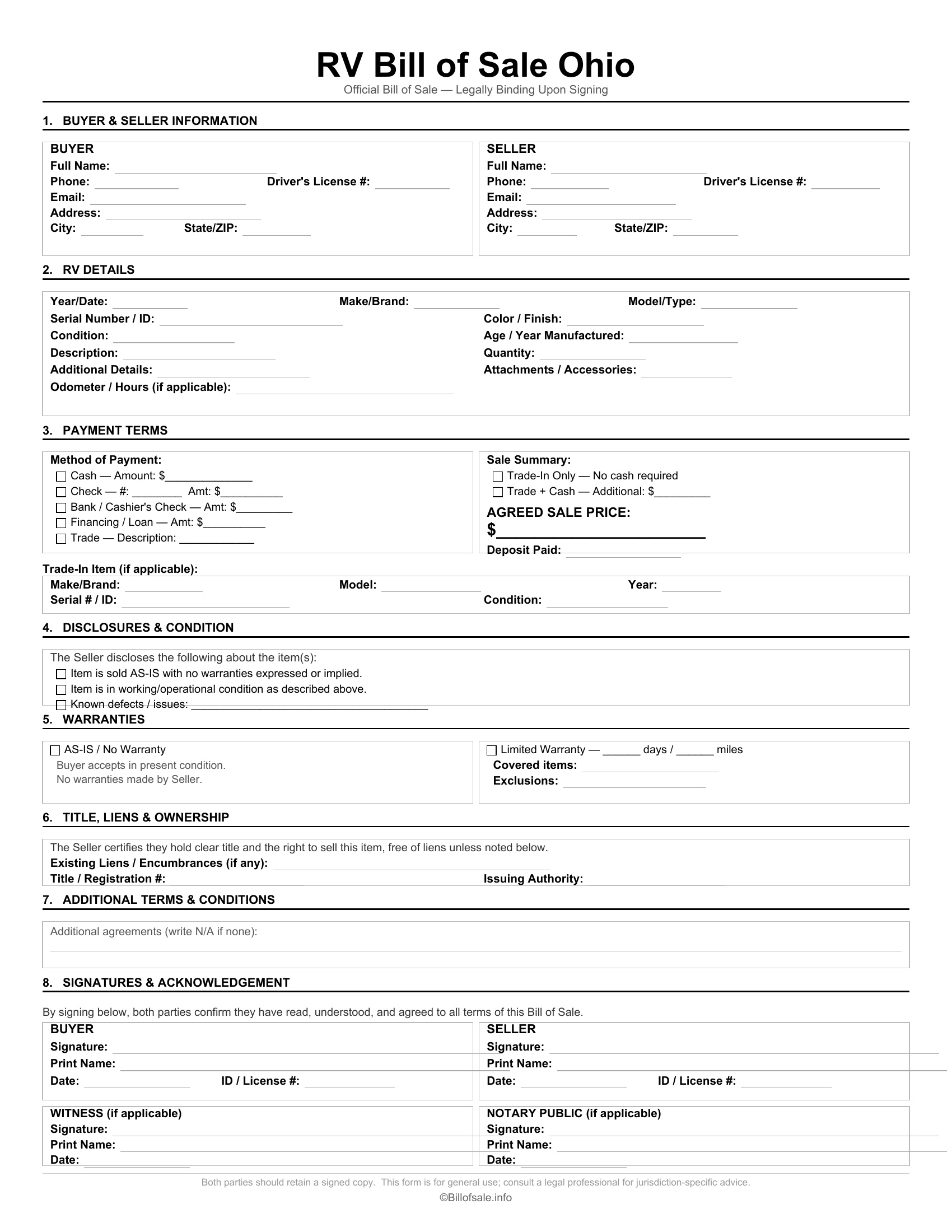 Ohio RV Bill of Sale