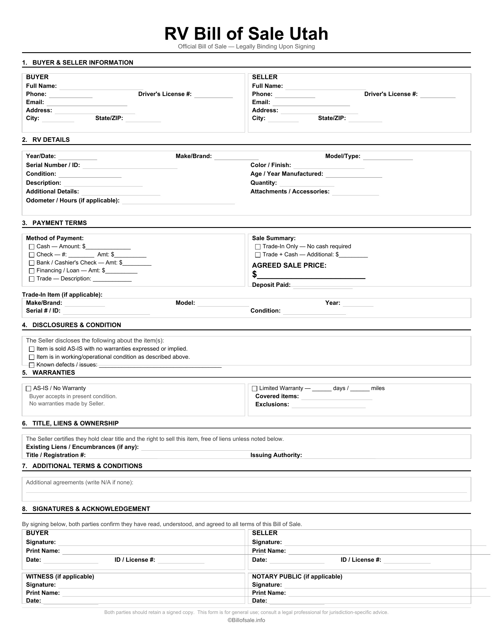 Utah RV Bill of Sale