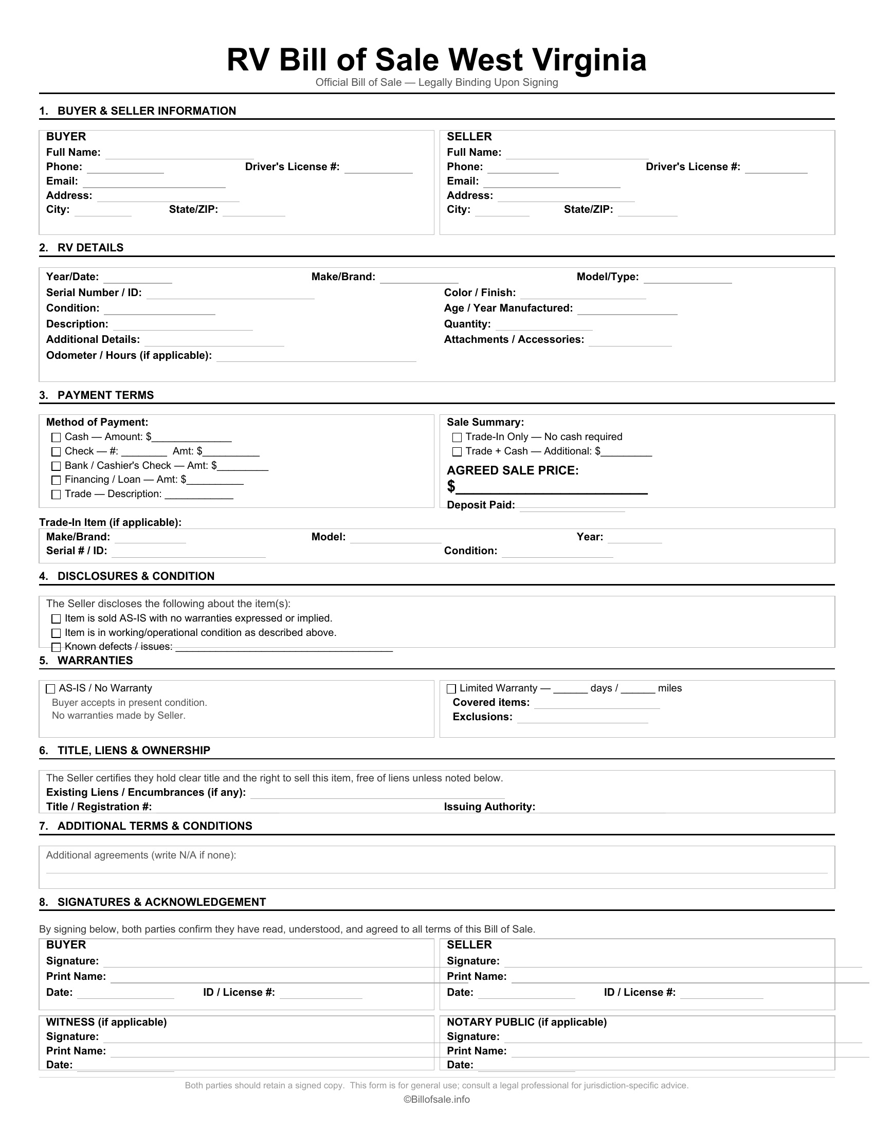 West Virginia RV Bill of Sale