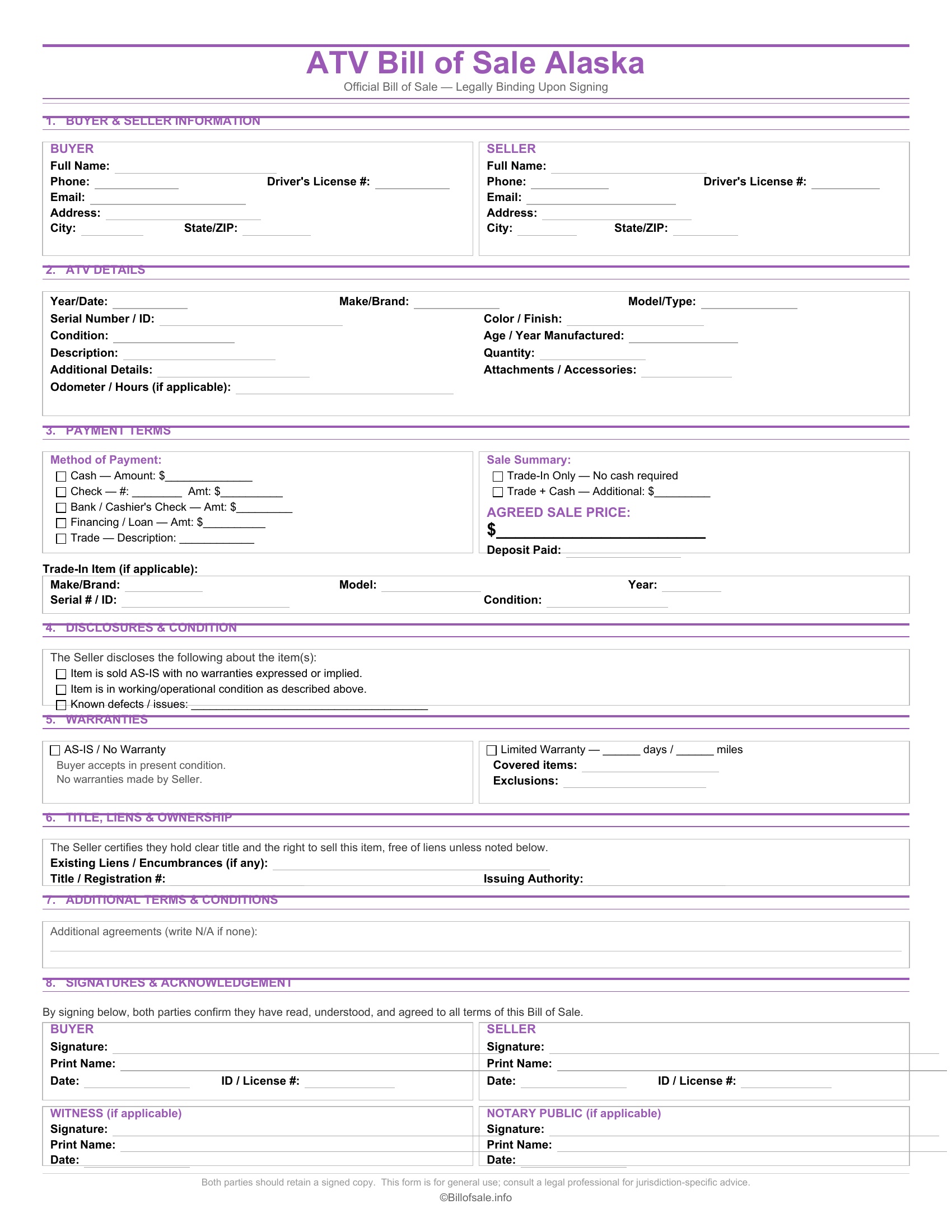 Alaska ATV Bill of Sale