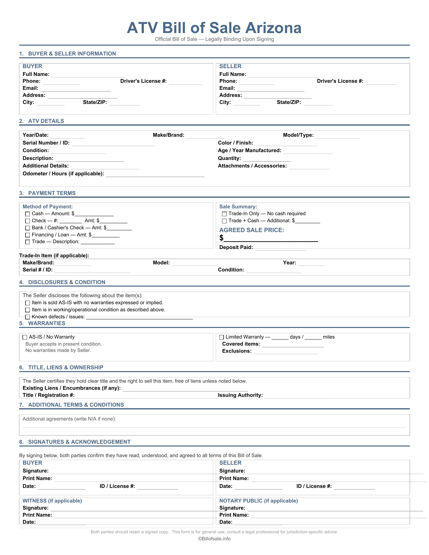 Arizona ATV Bill of Sale